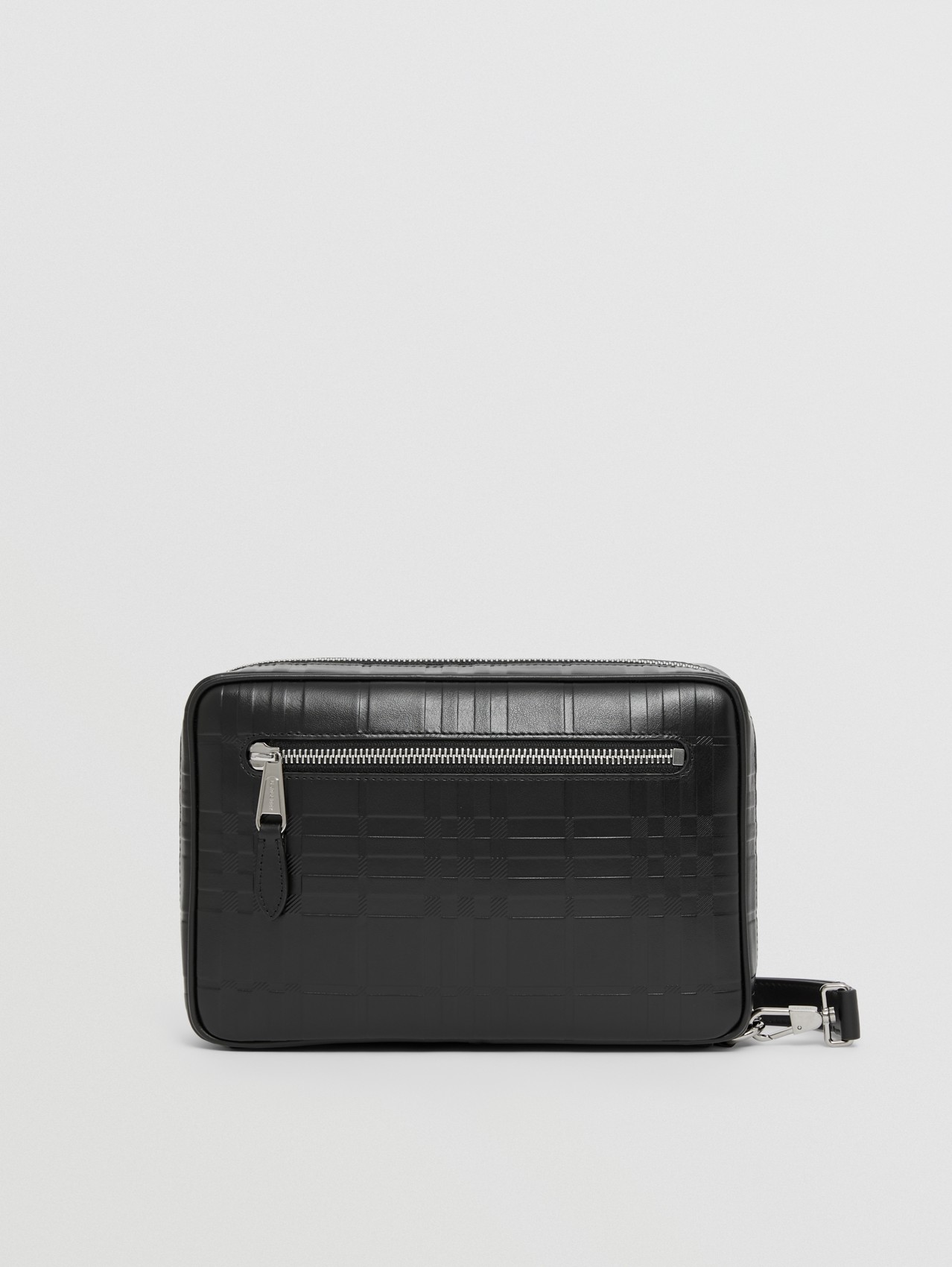 Embossed Check Leather Zip Pouch in Black