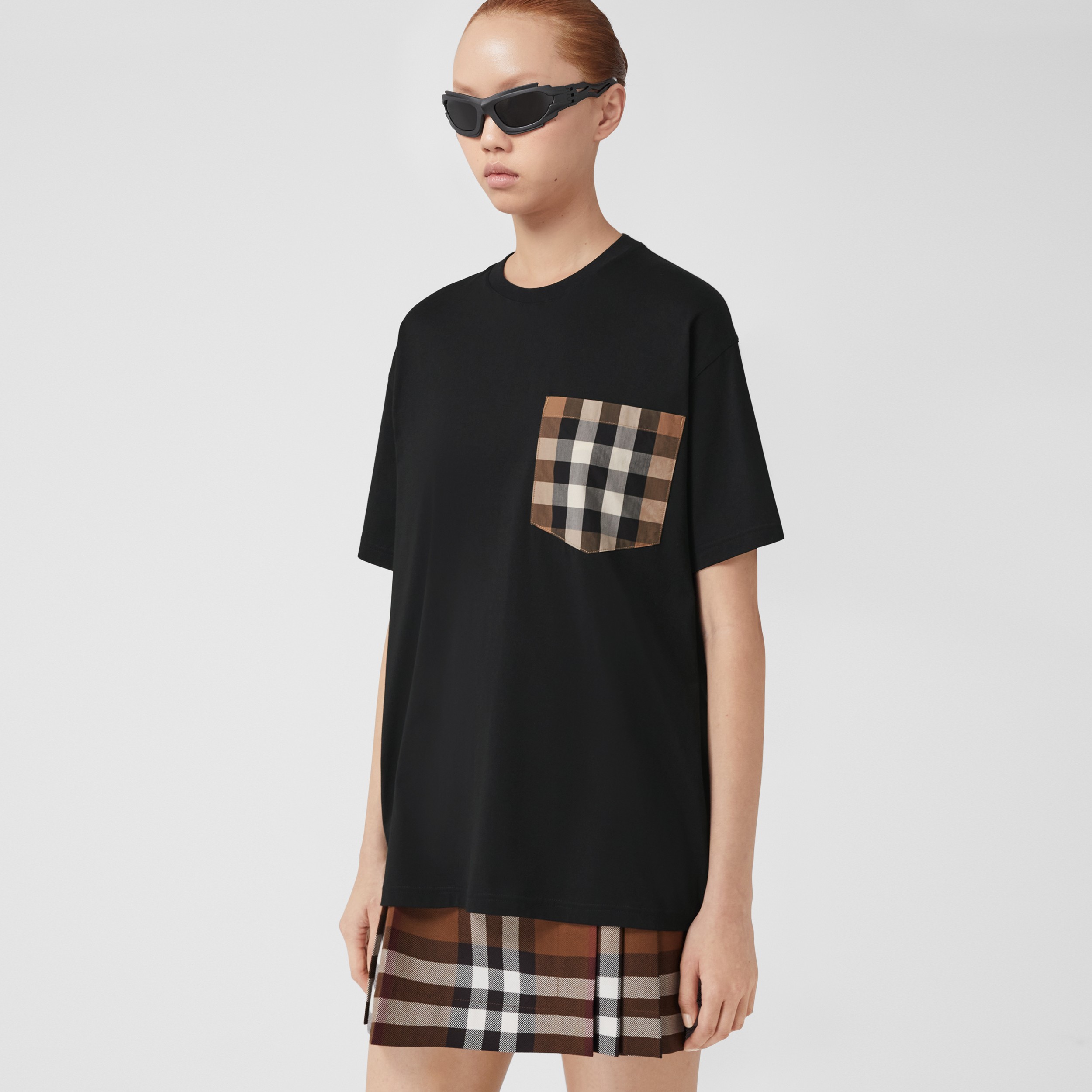 Check Pocket Cotton Oversized T-shirt in Black - Women | Burberry® Official - 1