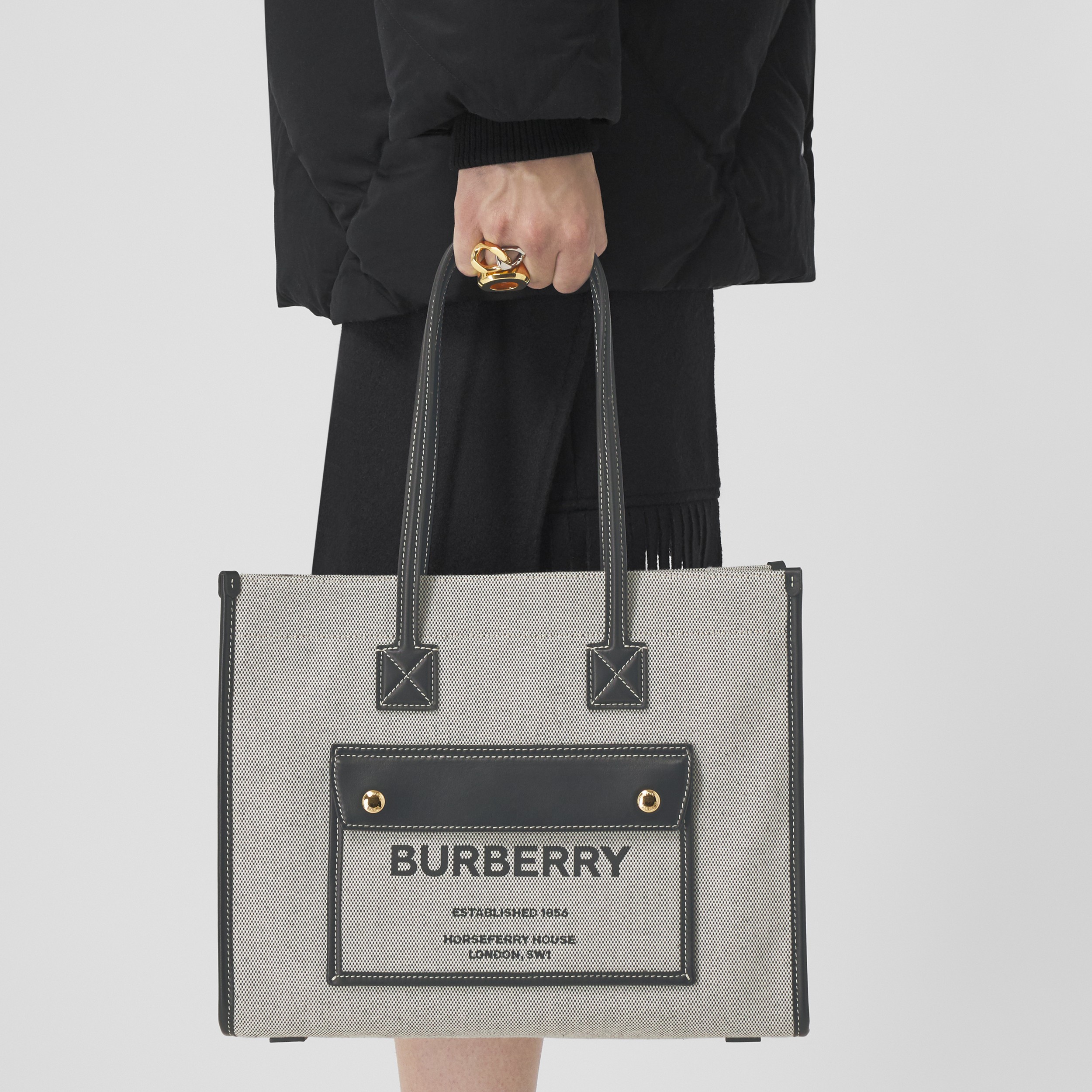 Small Two-tone Canvas and Leather Freya Tote in Black - Women | Burberry® Official - 3