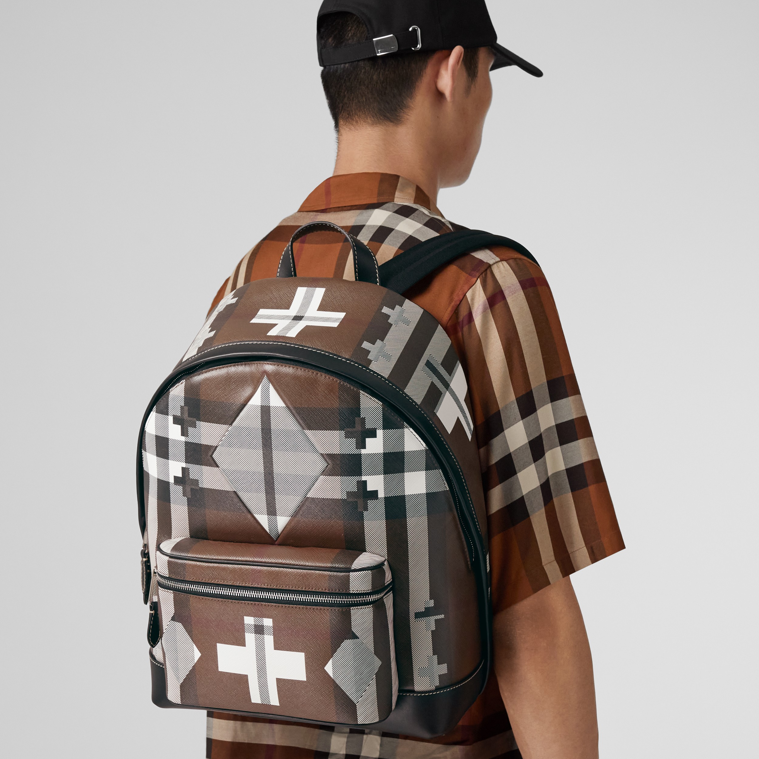 Geometric Check and Leather Backpack in Dark Birch Brown/white - Men | Burberry® Official - 3