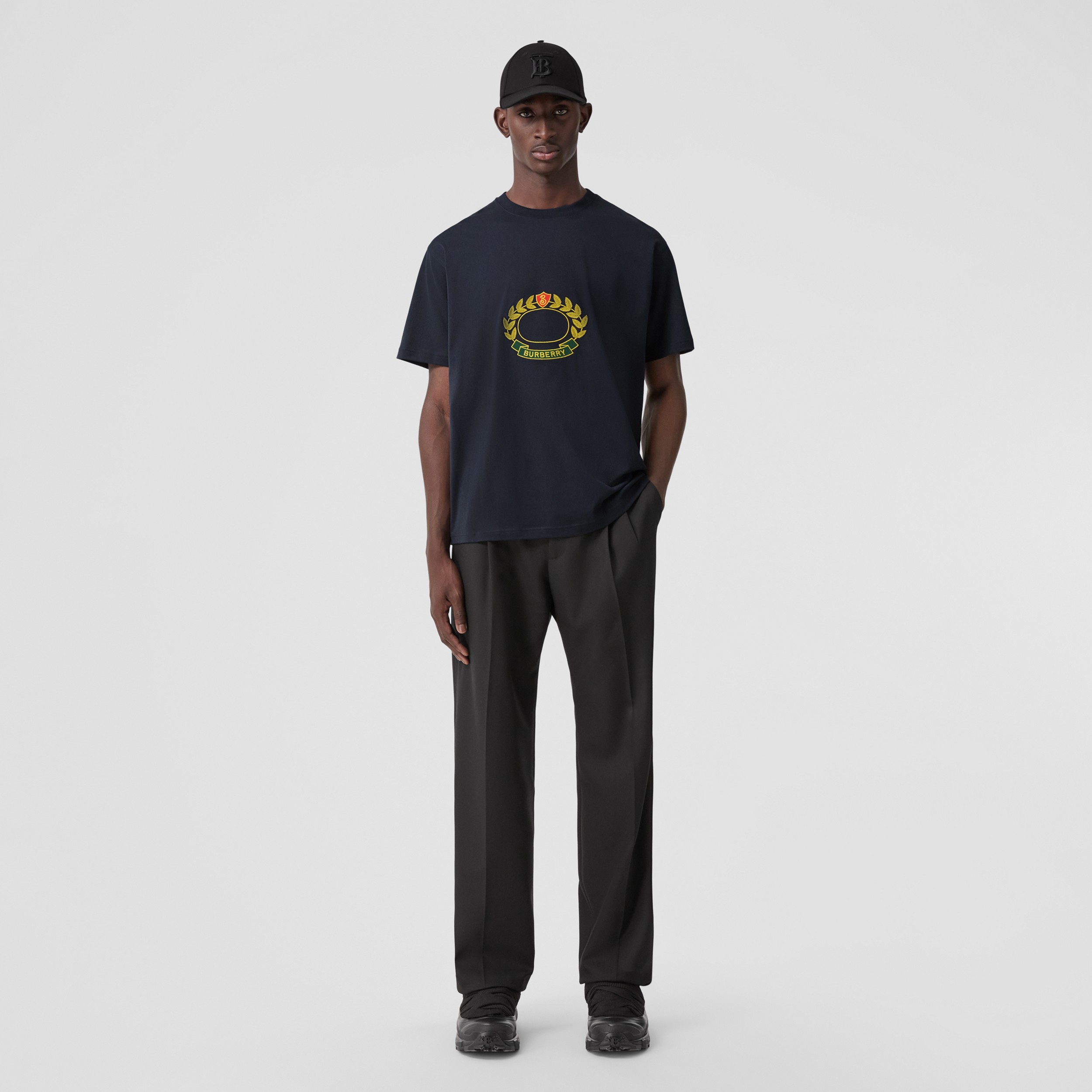 Oak Leaf Crest Cotton Oversized T-shirt in Dark Charcoal Blue - Men | Burberry® Official - 1