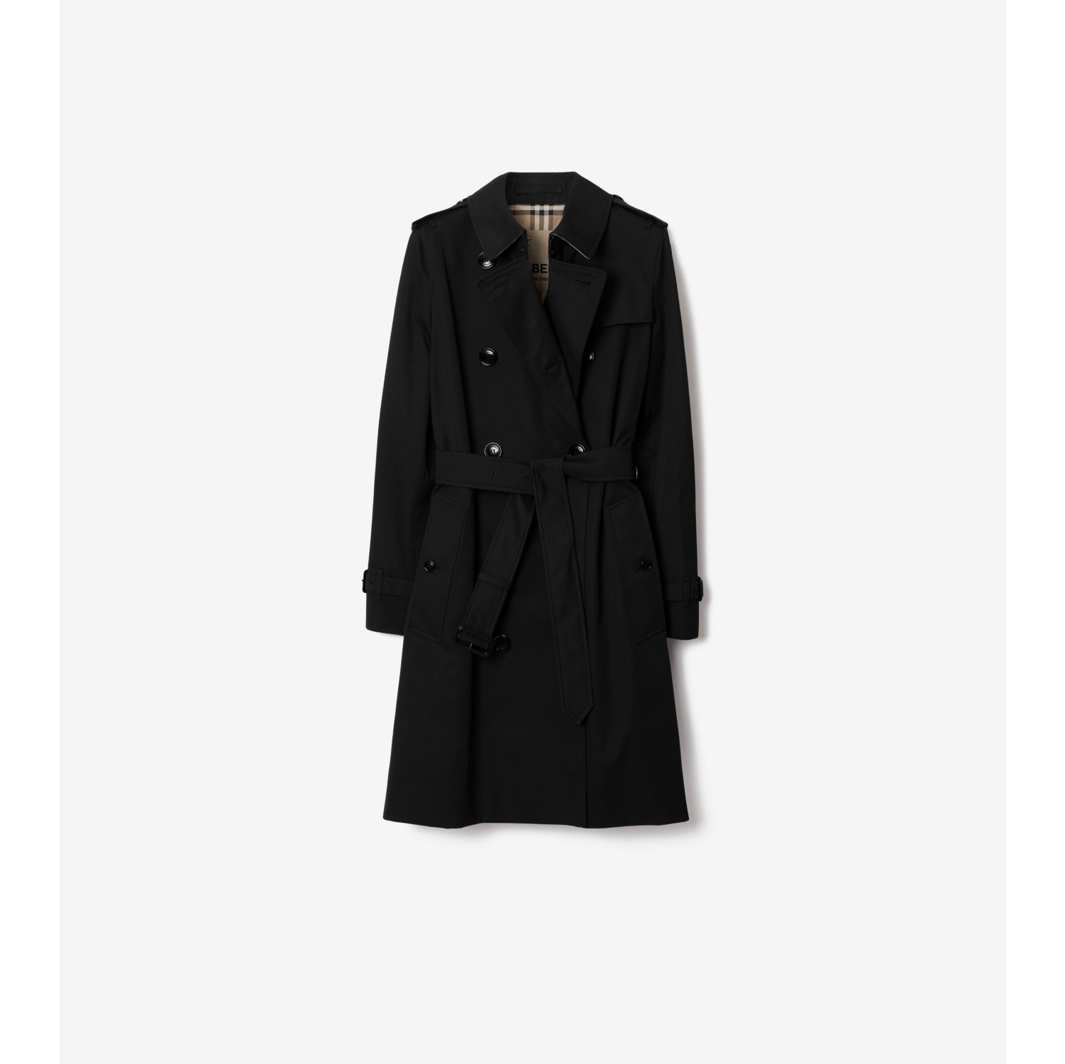 Mid length Kensington Heritage Trench Coat in Black Women Cotton Gabardine Burberry Official