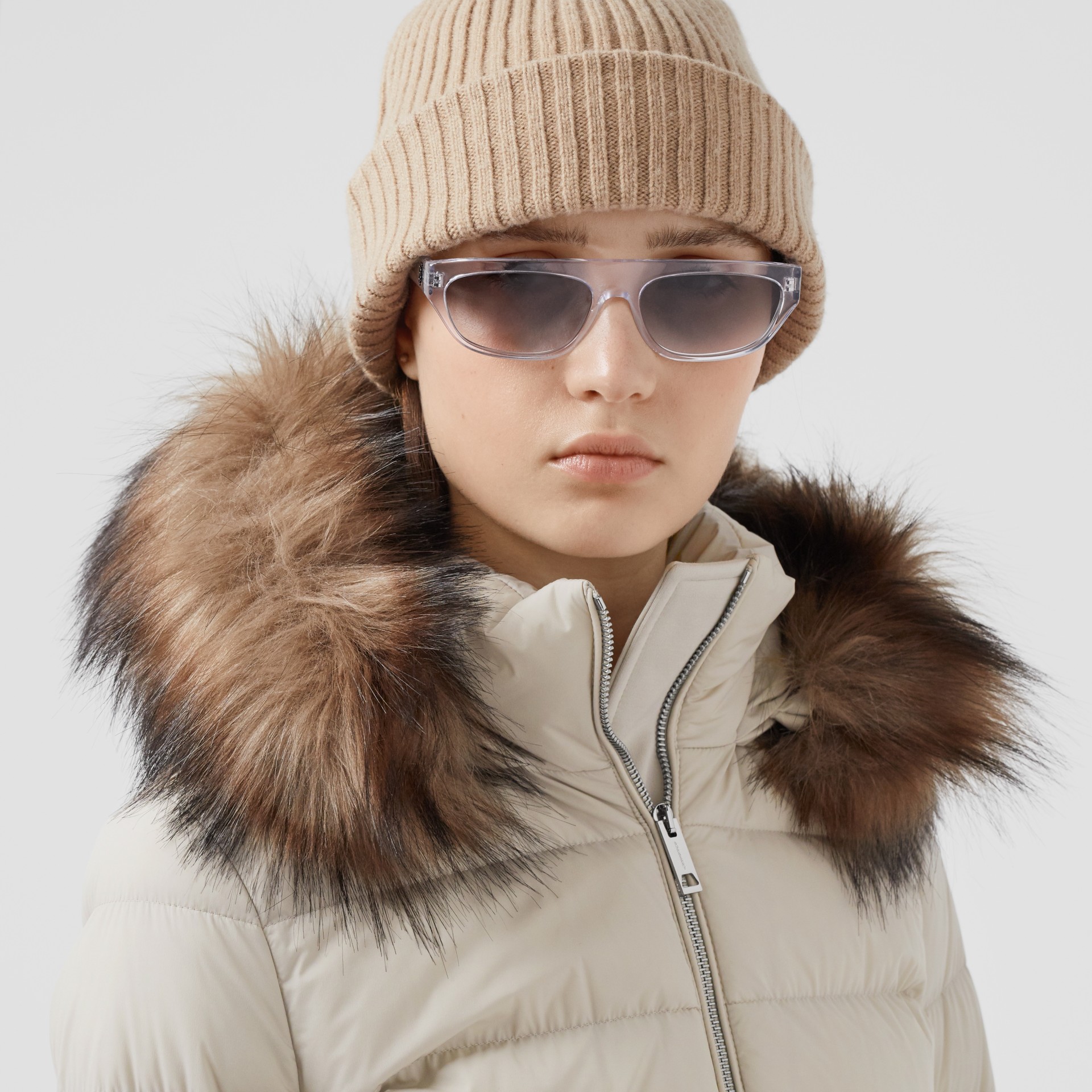 Detachable Faux Fur Trim Hooded Puffer Coat in Neutral Olive Women Burberry Australia