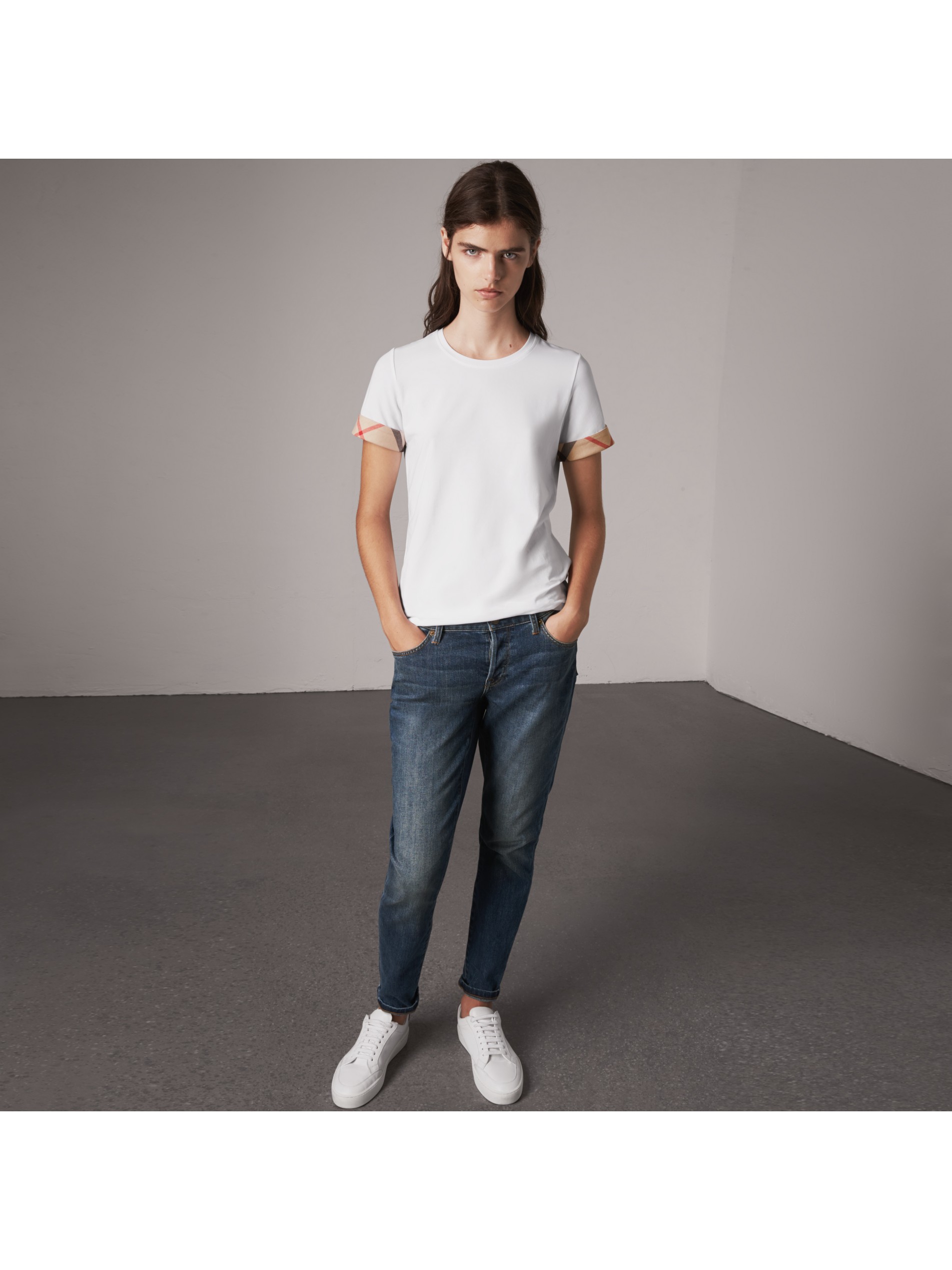 白色 格纹袖口弹力棉 t 恤衫 产品图片01