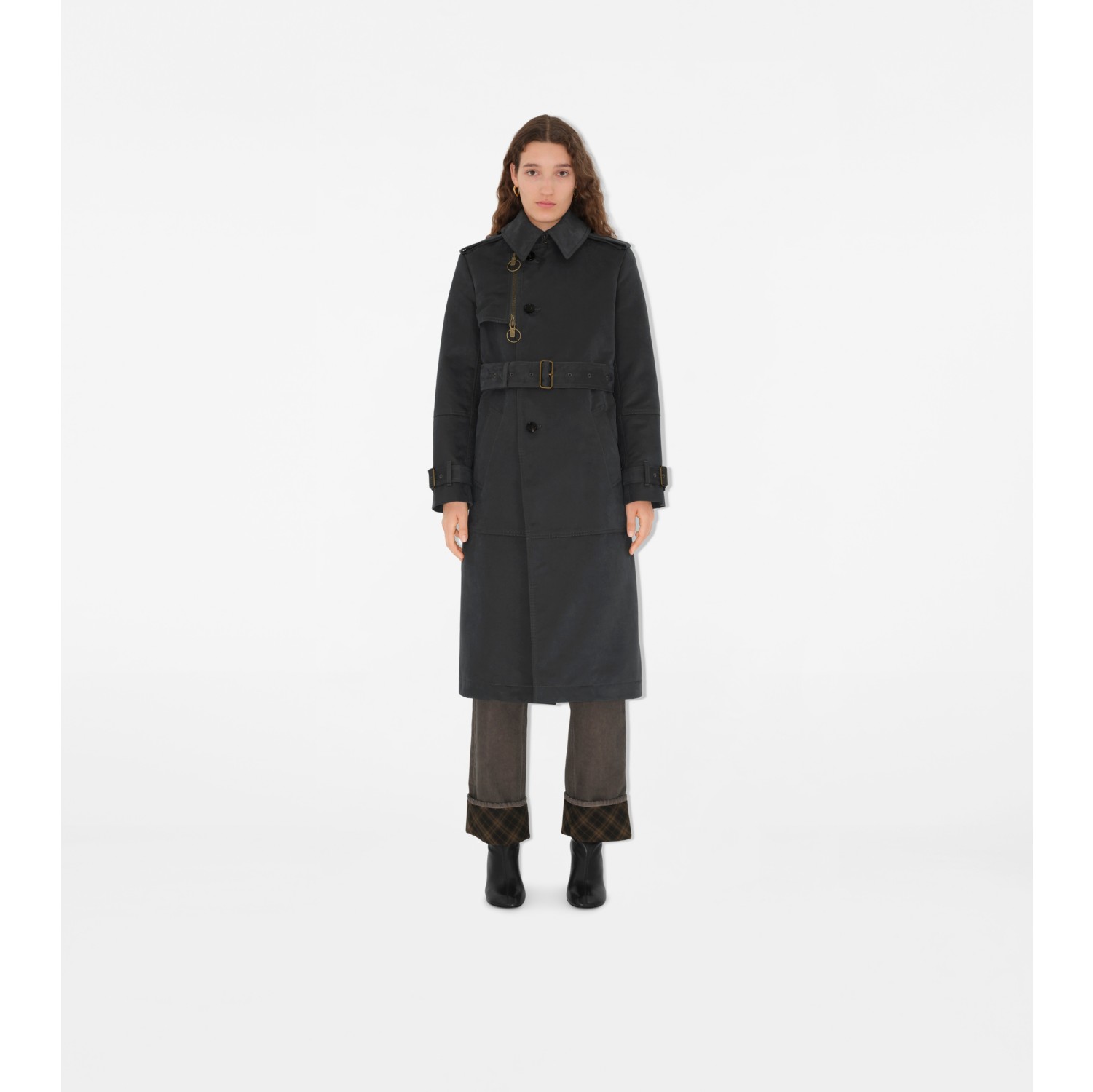 Trench coat longo de nylon e algodão