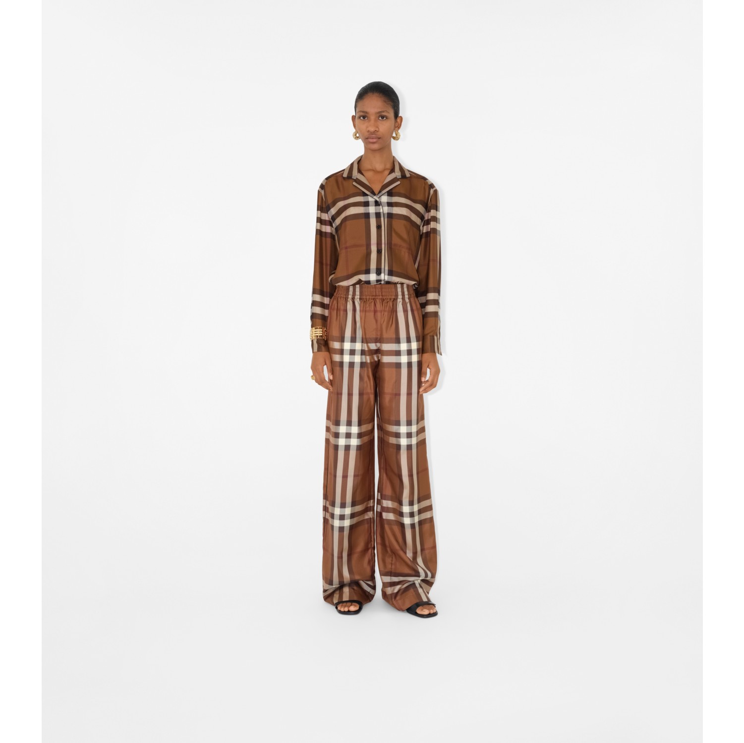 Check Silk Pyjama Trousers in Dark birch brown - Women | Burberry 