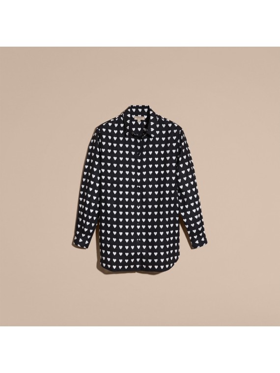 Heart Print Linen Shirt Black Burberry