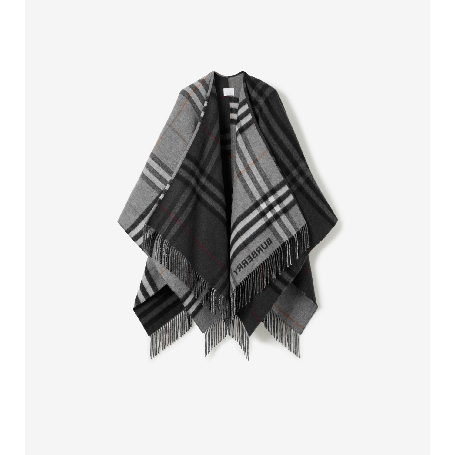 Contrast Check Wool Cashmere Jacquard Cape in Grey/charcoal