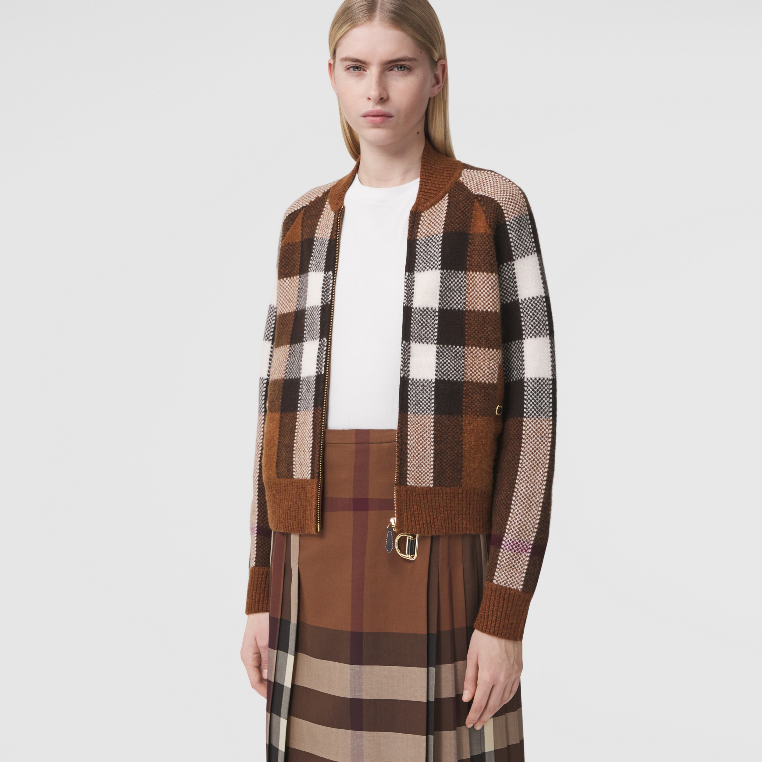 Check Intarsia Wool Cashmere Bomber Jacket in Dark Birch Brown - Women | Burberry® Official - 4