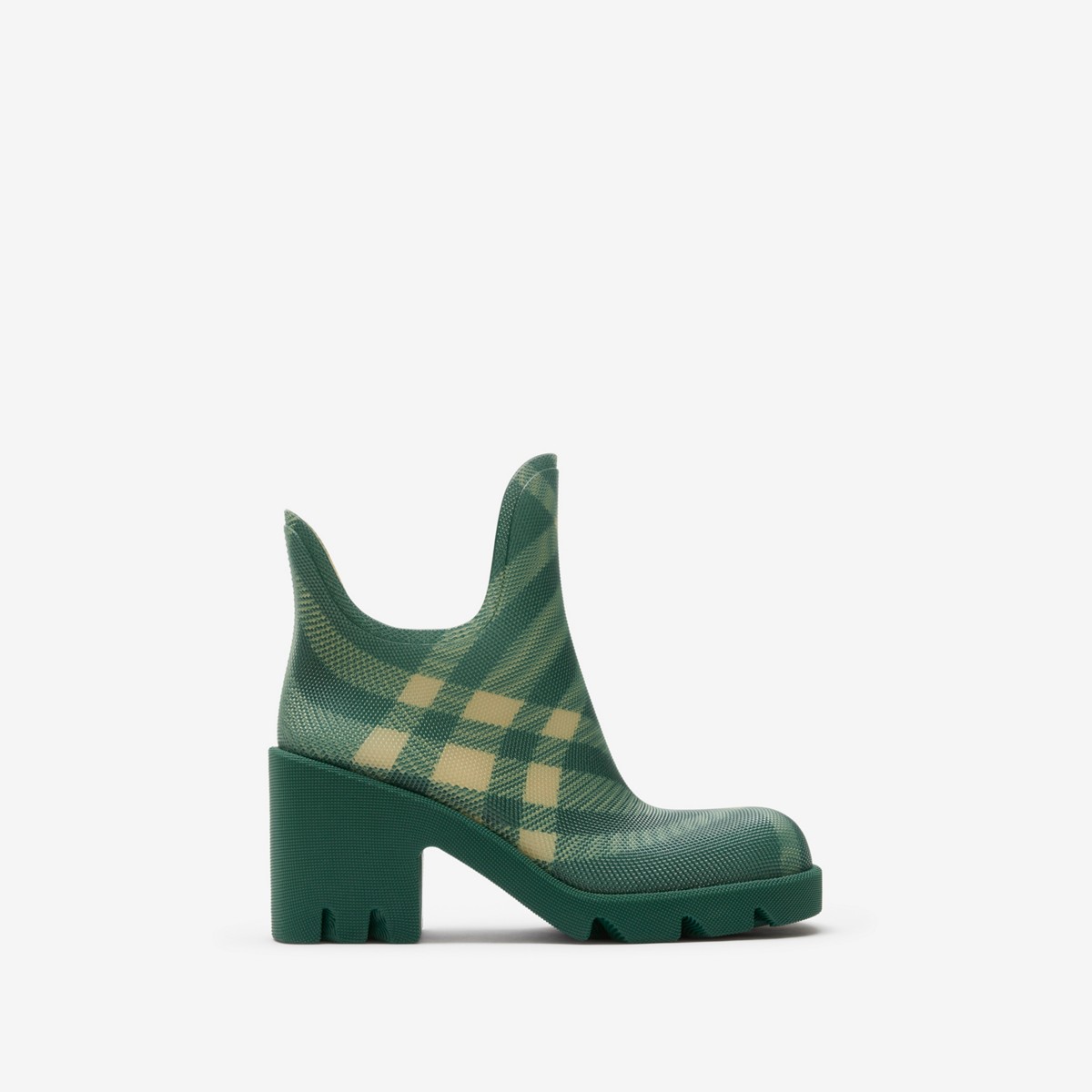 Shop Burberry Check Rubber Marsh Heel Boots In Primrose