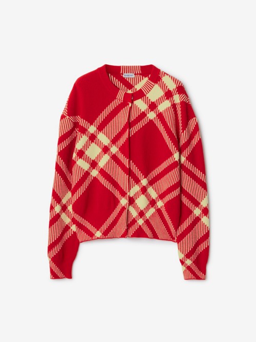 Burberry Check Wool Blend Cardigan In Red