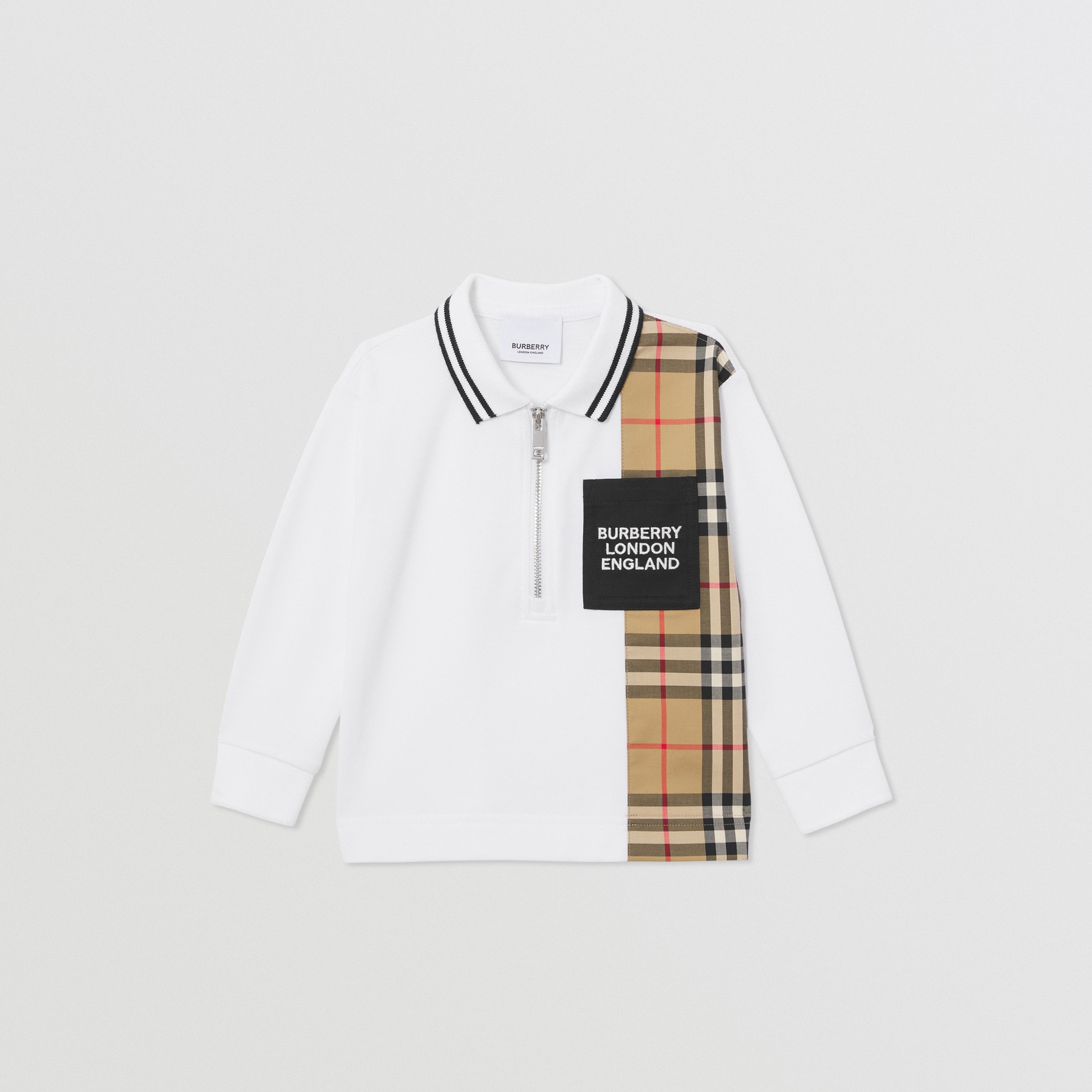 Long-sleeve Vintage Check Panel Cotton Polo Shirt in White - Children | Burberry® Official - 1