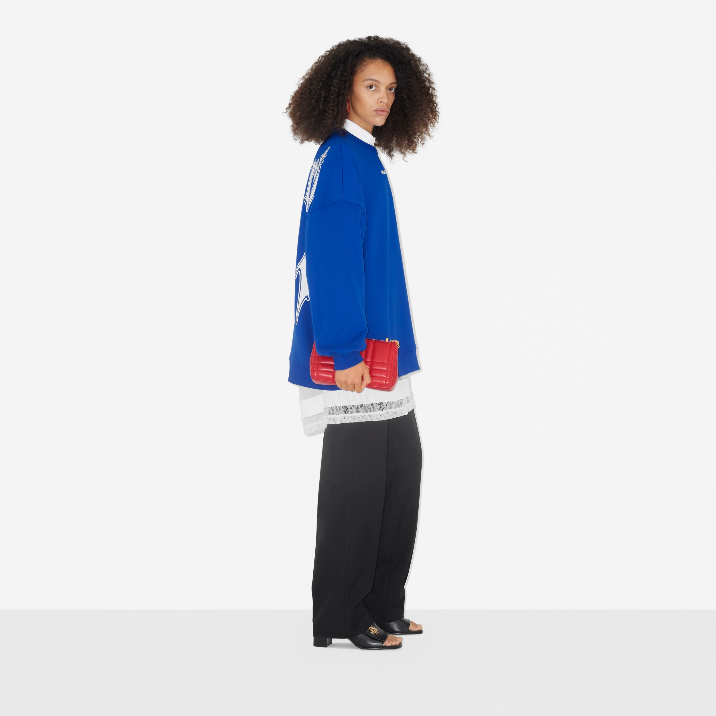 Logo Print Cotton Oversized Sweatshirt in Dark Ocean Blue - Women | Burberry® Official - 3