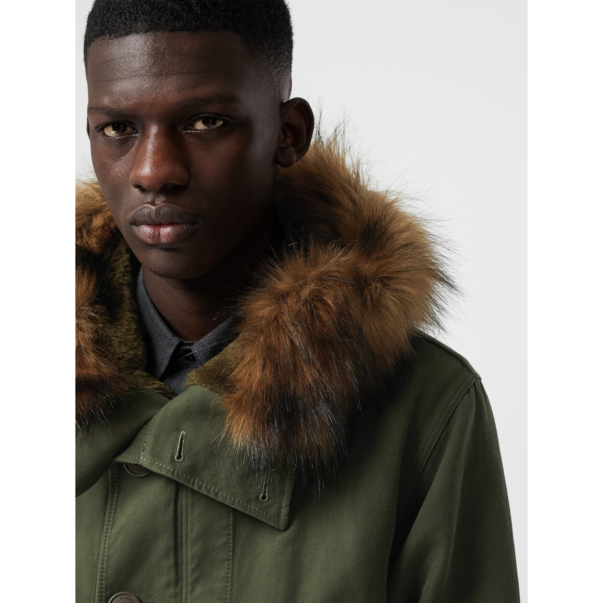 Double-faced Cotton Silk Hooded Parka with Warmer in Olive - Men ...