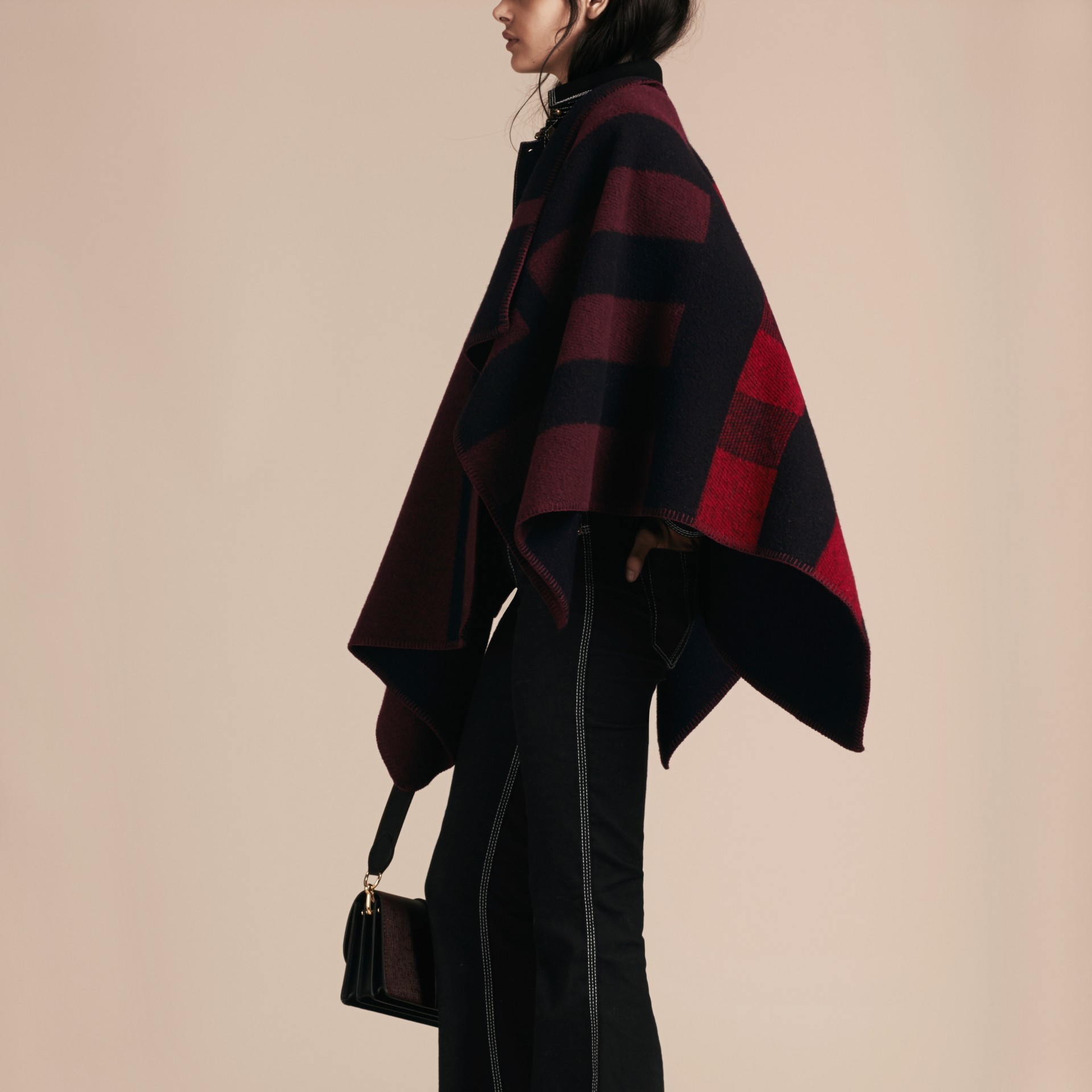 Check Wool and Cashmere Blanket Poncho Oxblood Burberry