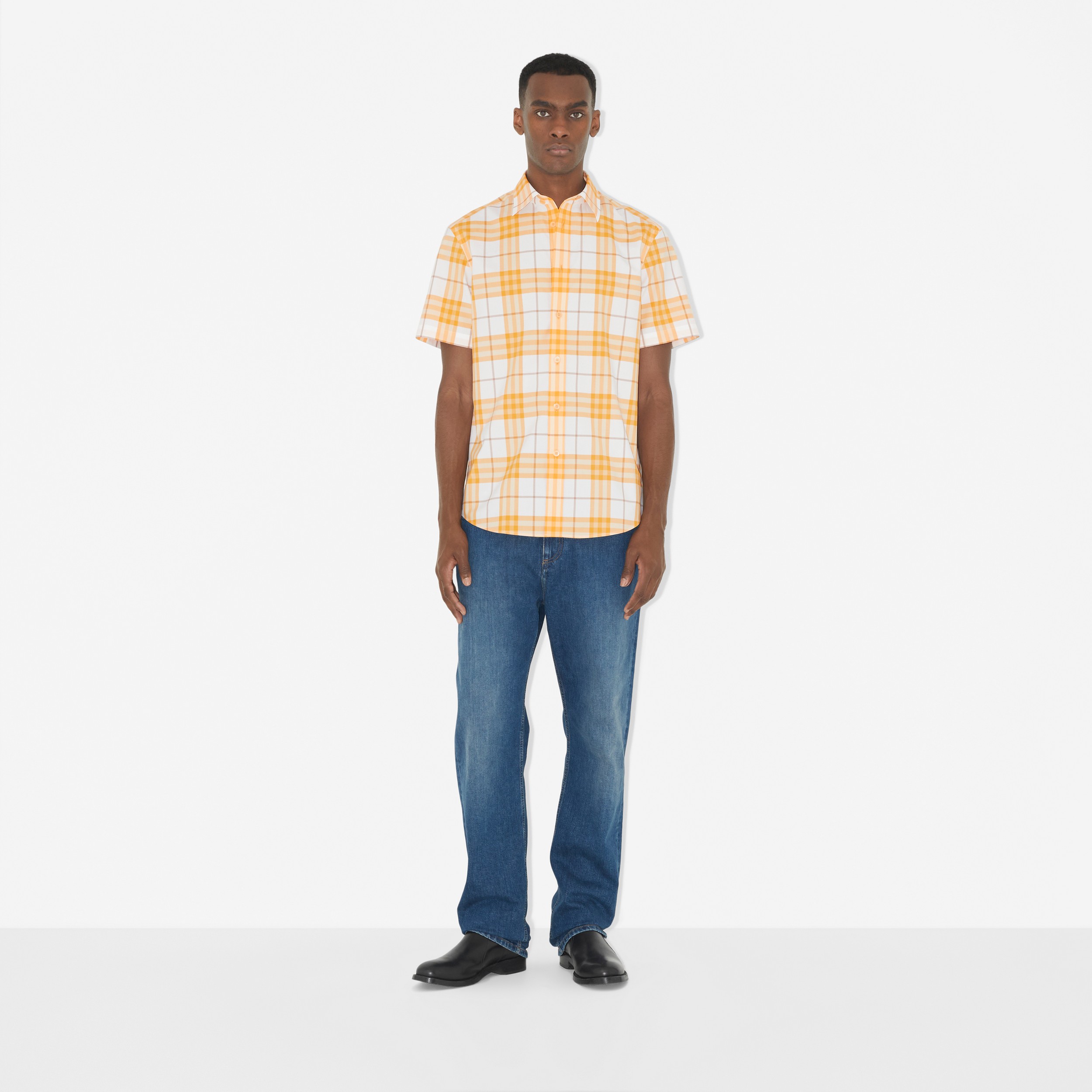 Camisa xadrez de algodão com mangas curtas (Amarelo Giz) - Homens | Burberry® oficial - 2