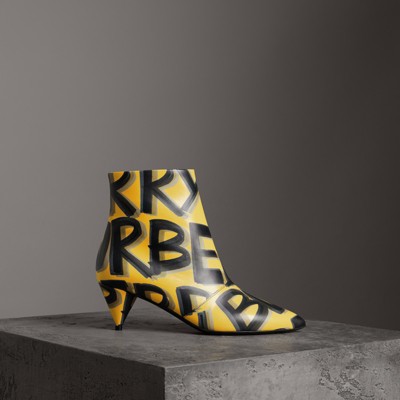 Graffiti Print Leather Ankle Boots 