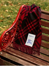 Burberry Check Scarf in Red resting on a bench