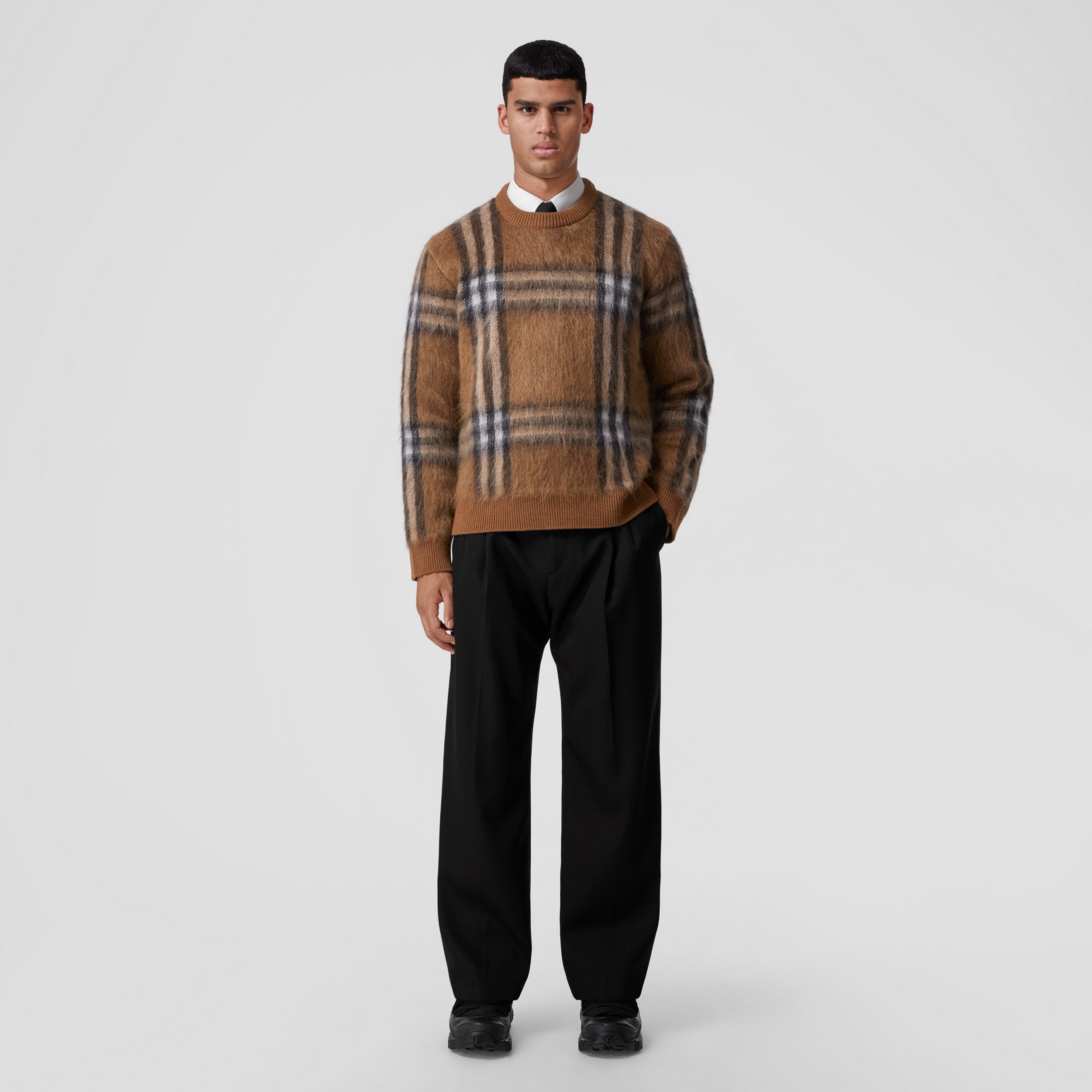 Check Mohair Wool Blend Jacquard Oversized Sweater in Dark Birch Brown - Men | Burberry® Official - 1