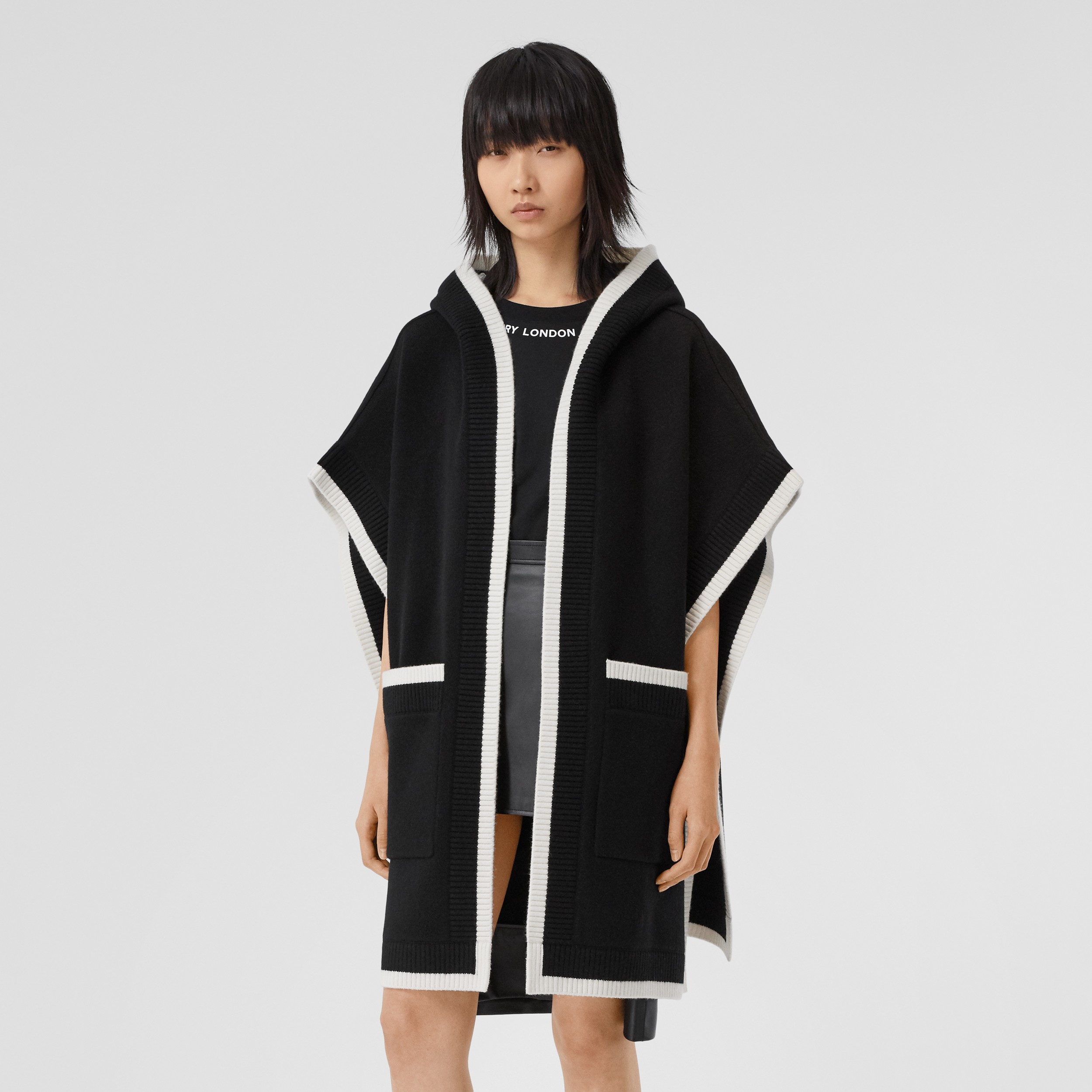 Logo Graphic Wool Cashmere Jacquard Hooded Cape in Black | Burberry® Official - 3