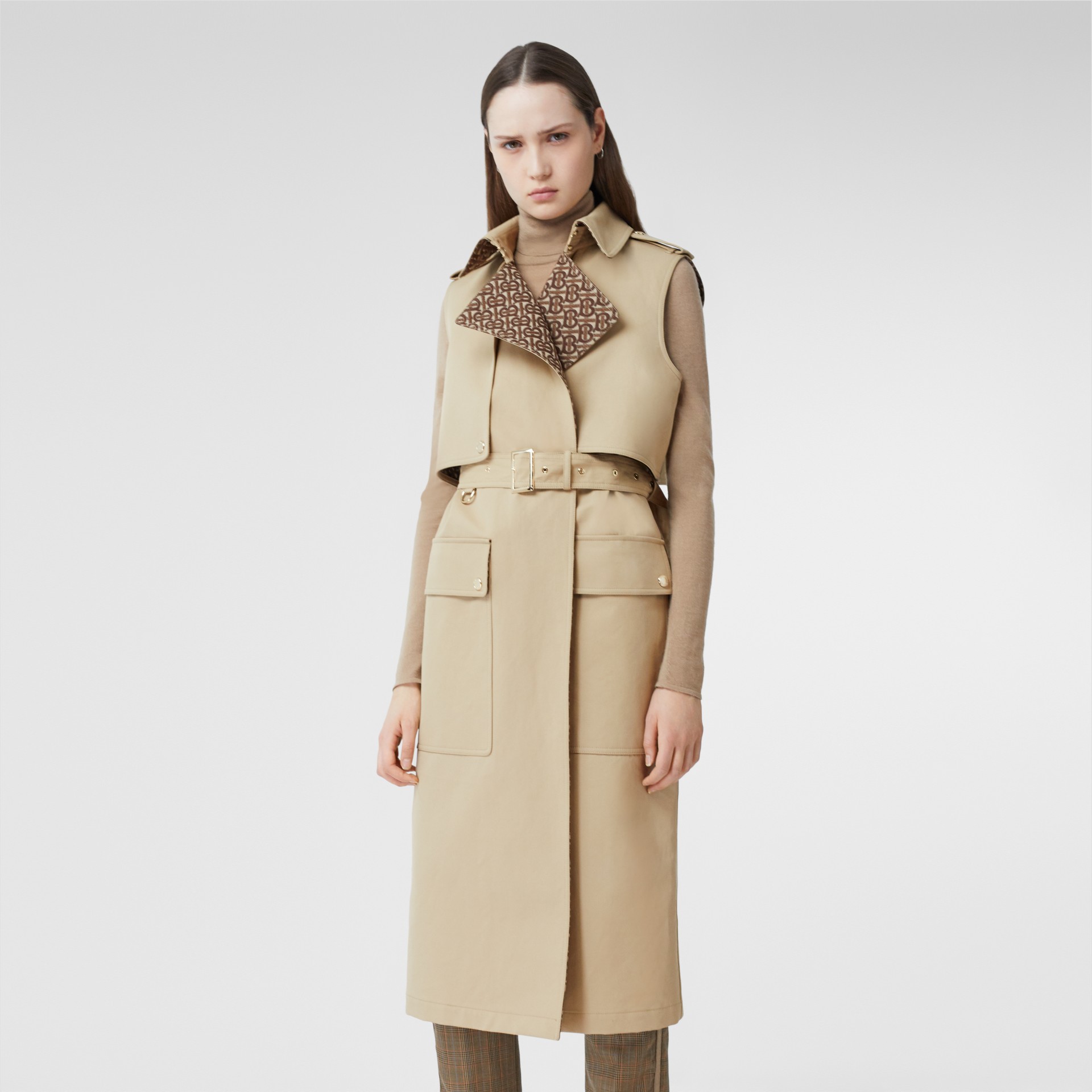 Sleeveless Monogramlined Cotton Trench Coat in Honey Women