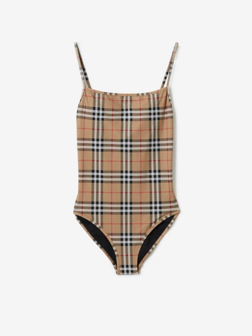 Burberry Check Swimsuit In Brown
