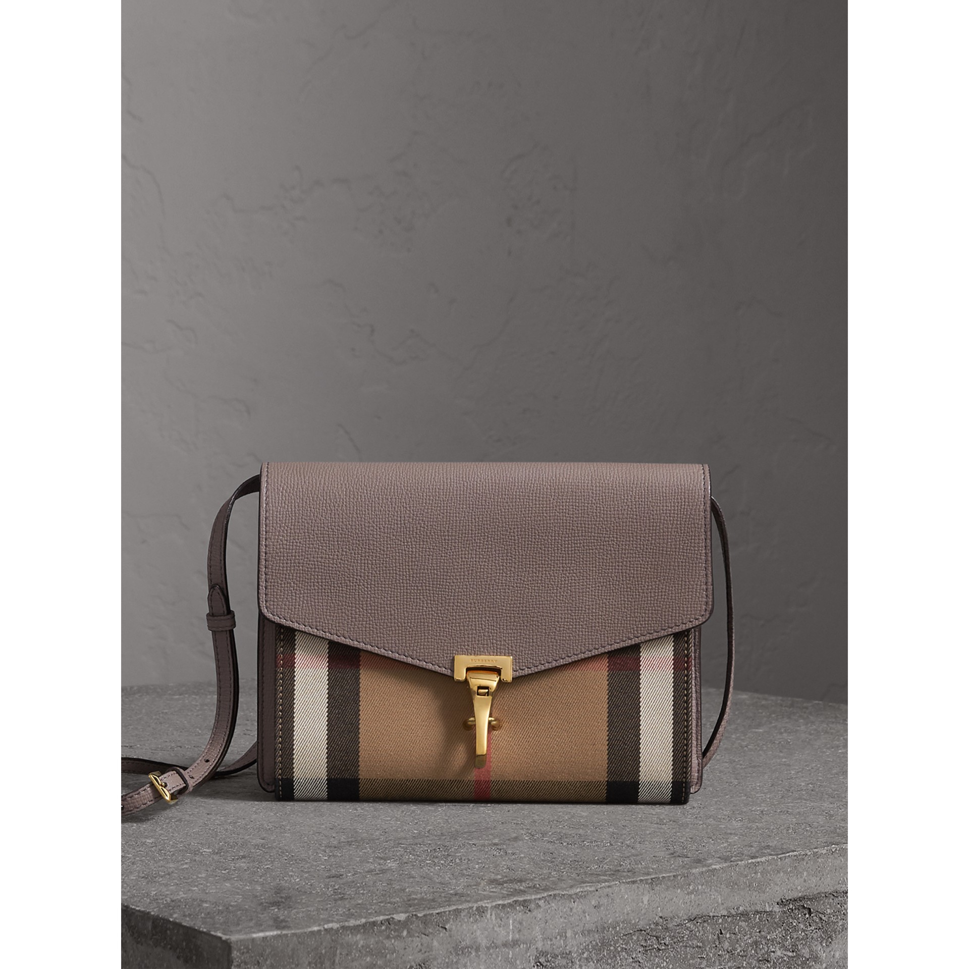 Small Leather and House Check Crossbody Bag in Thistle Grey Women Burberry United States