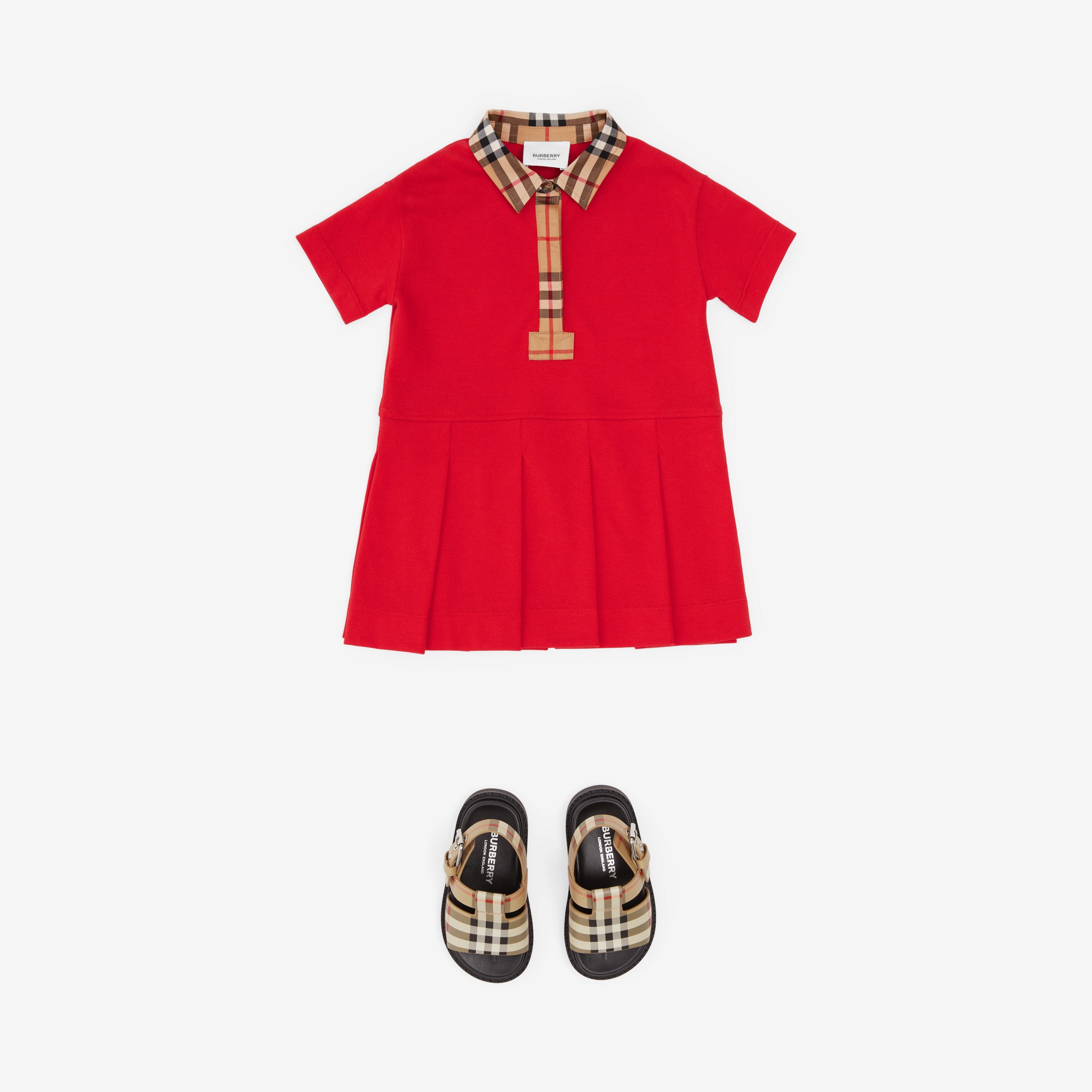Vintage 格纹装饰棉质珠地布 Polo 衫式连衣裙 (亮红色) - 儿童 | Burberry® 博柏利官网 - 3