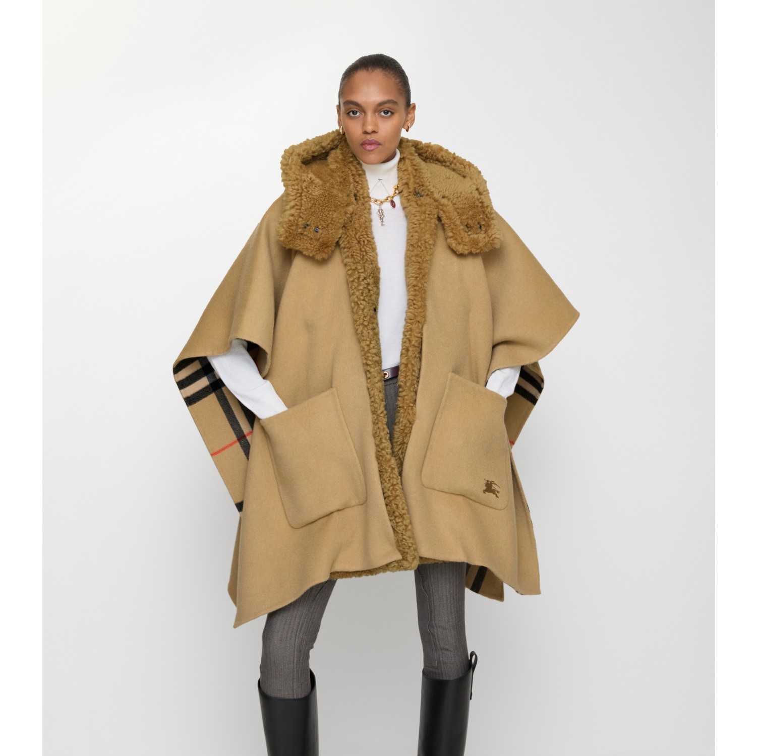 Reversible Shearling Trim Check Cashmere Cape