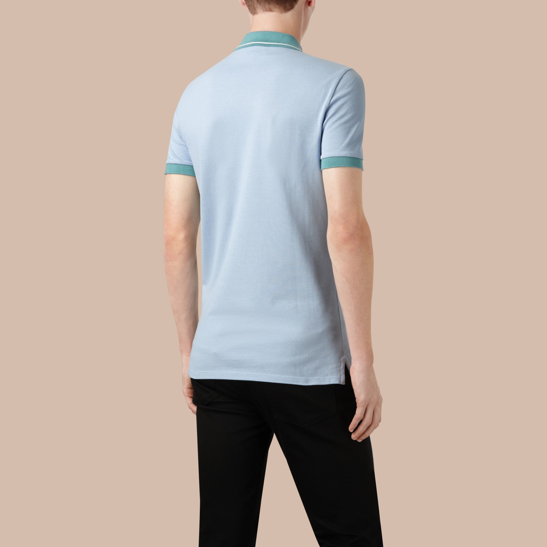 light blue and white polo shirt