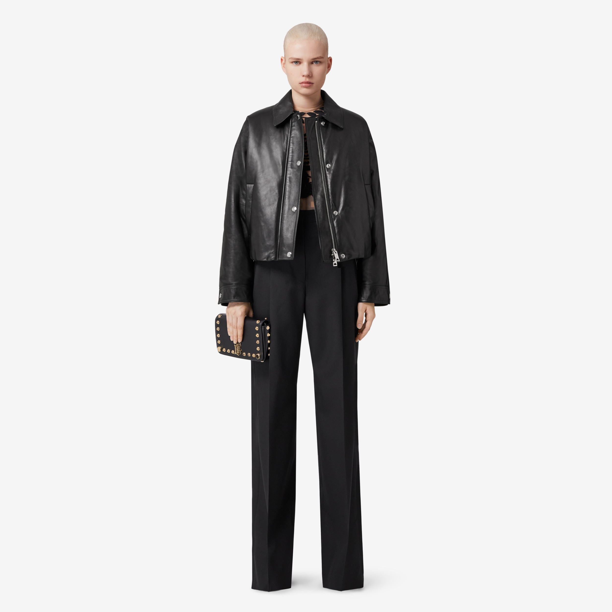 Veste en cuir avec emblème du Cavalier brodé (Noir) - Femme | Site officiel Burberry® - 2