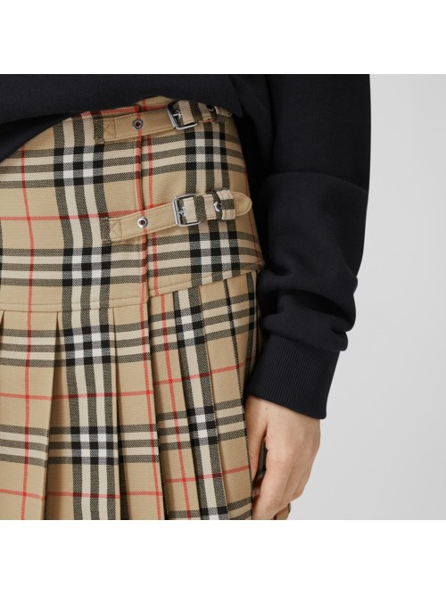 Shop Burberry Pleated Check Wool Mini Kilt In Archive Beige