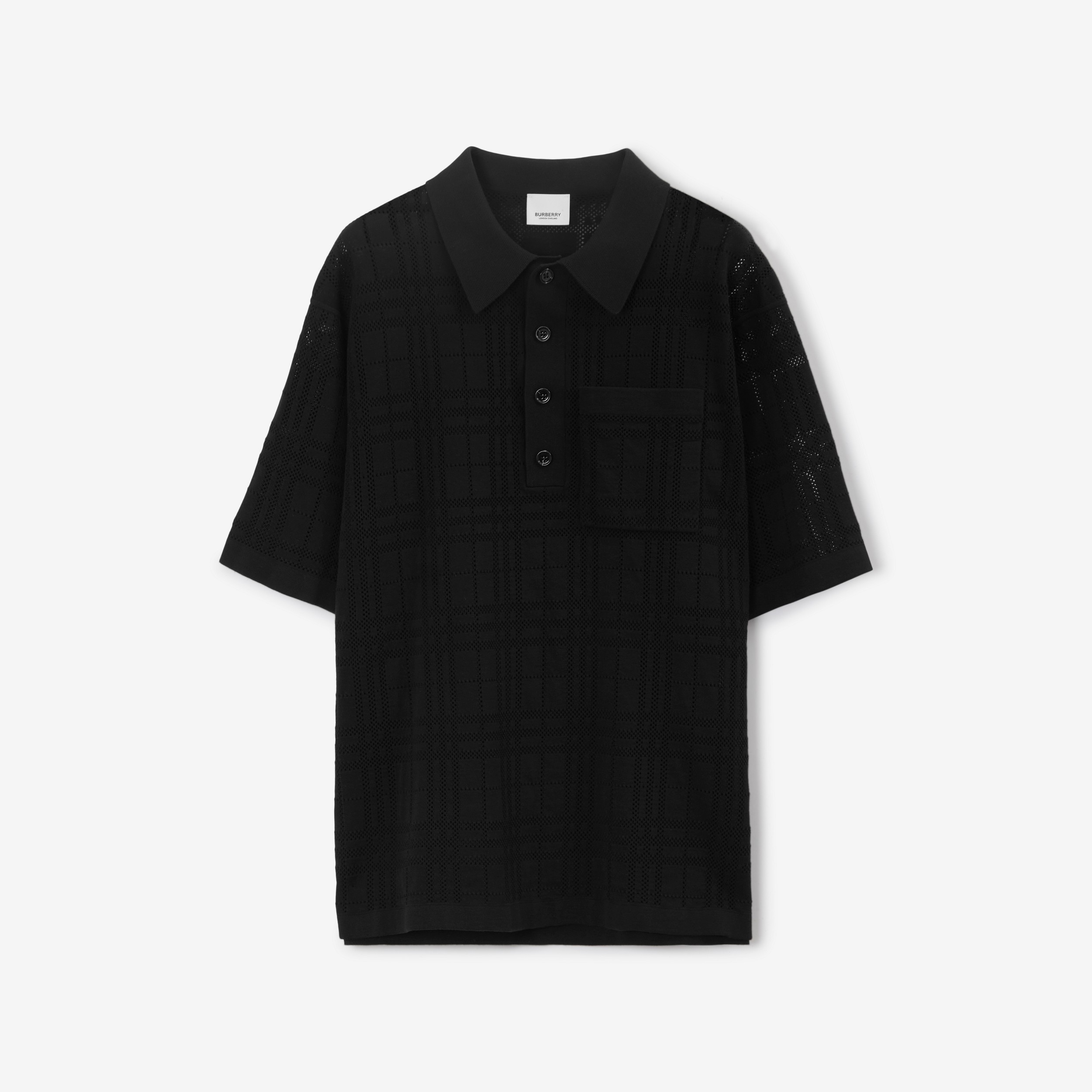 Check Technical Cotton Oversized Polo Shirt in Black - Men | Burberry® Official - 1