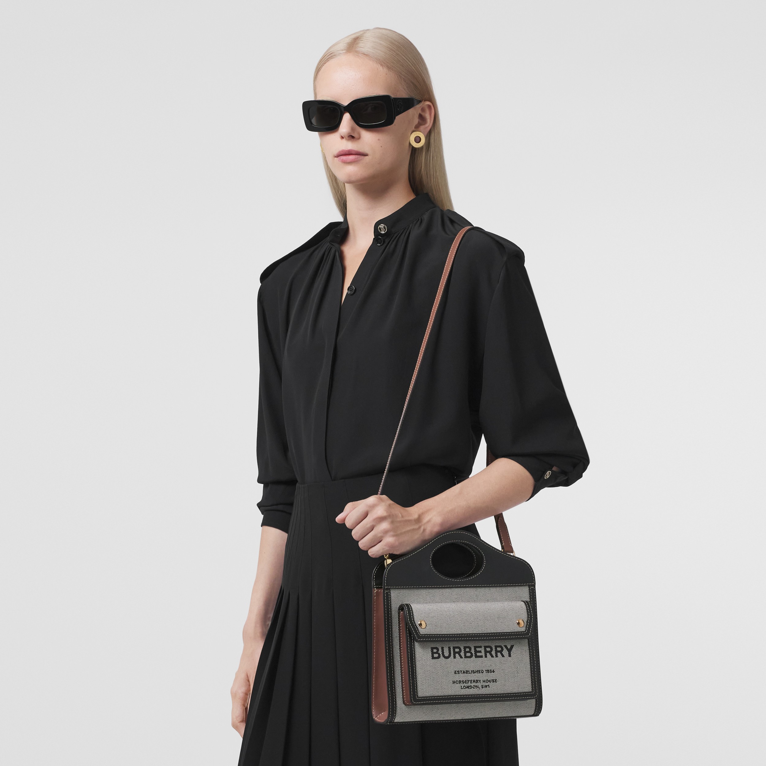 Mini Tri-tone Cotton Canvas and Leather Pocket Bag in Black/tan - Women ...