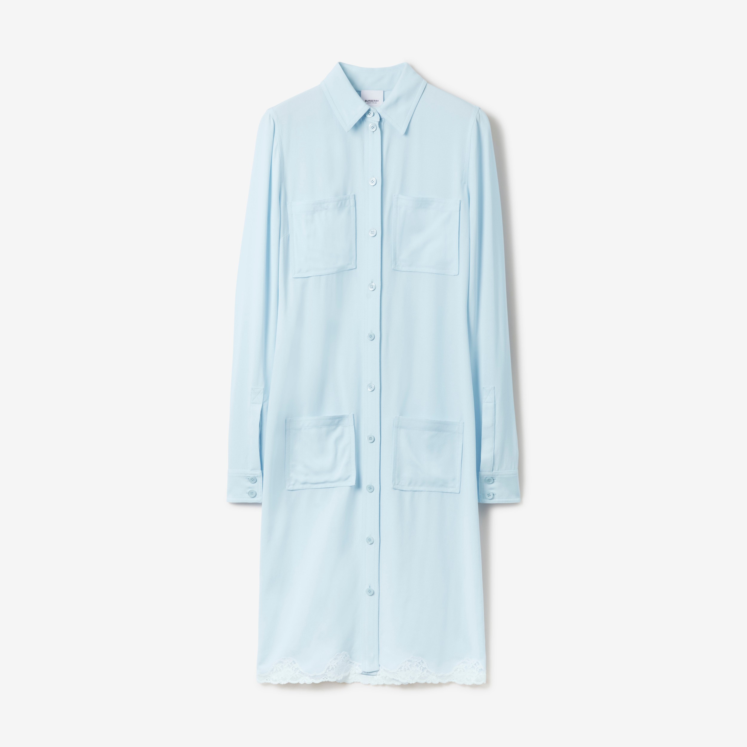 Lace Trim Viscose Shirt Dress in Glacier Blue - Women | Burberry