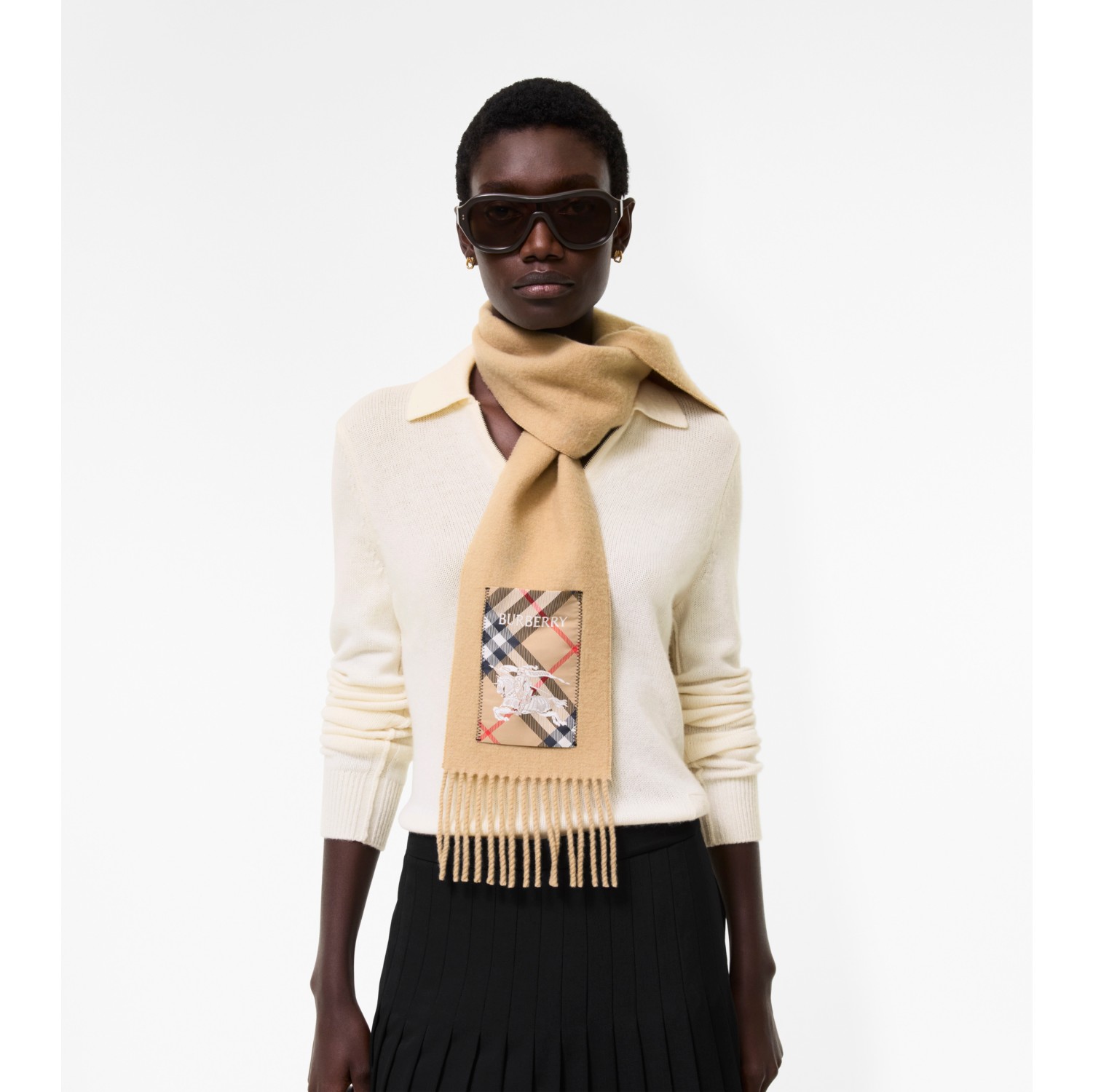 Narrow Check Label Cashmere Scarf