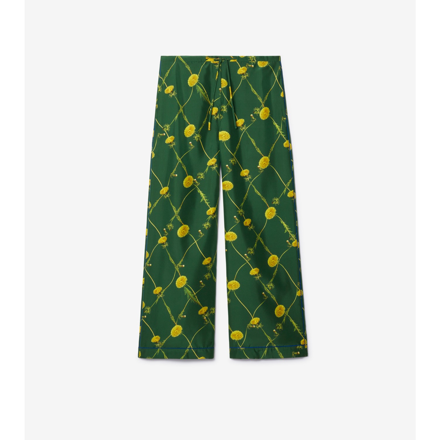 Calças estilo pijama de seda com estampa de flor dente-de-leão