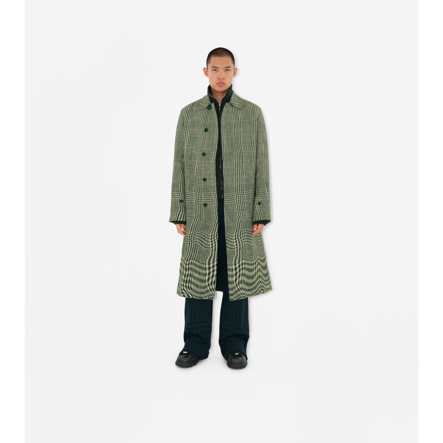 Long Warped Houndstooth Silk Blend Car Coat in Ivy - Men | Burberry®  Official