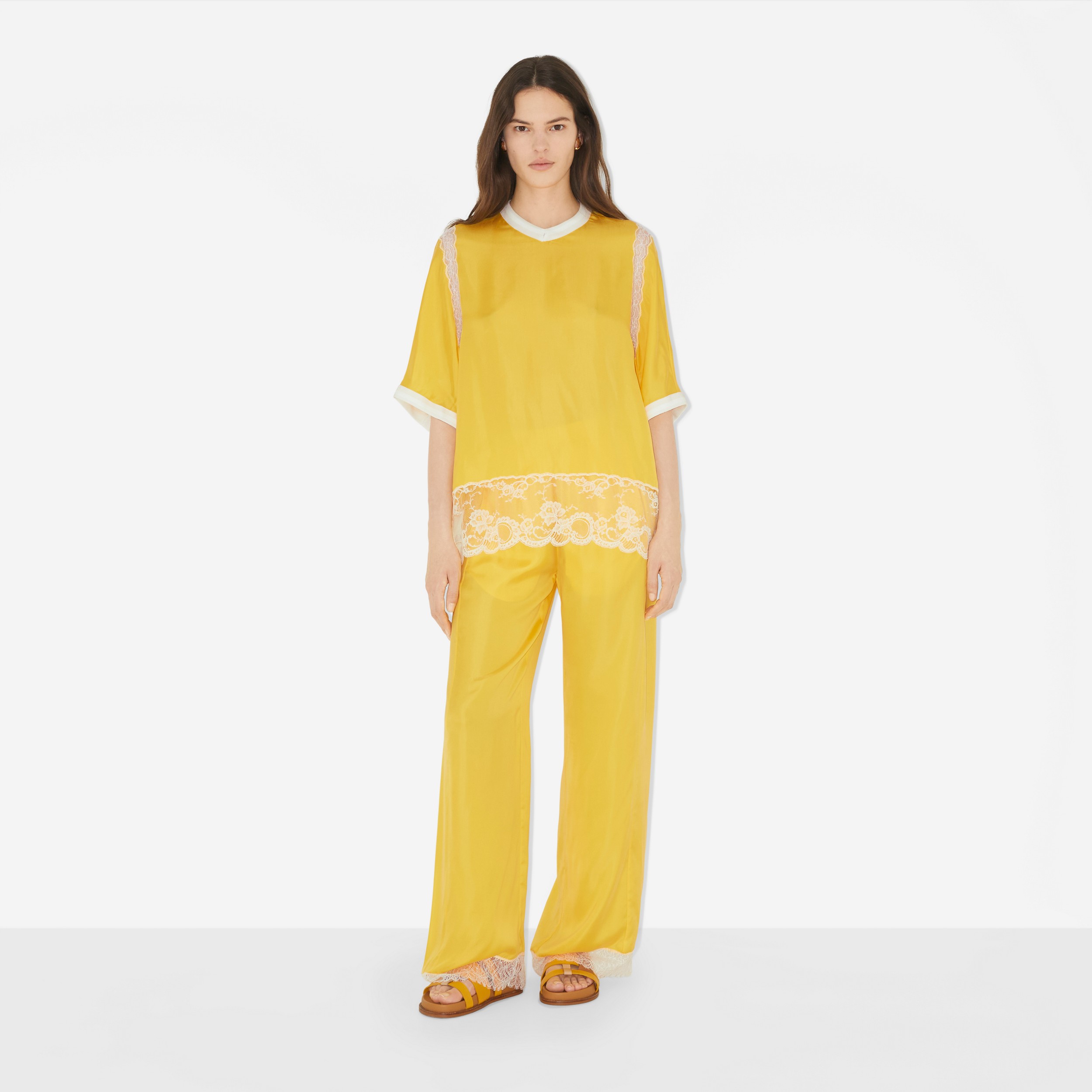 Short-sleeve Lace Panel Satin Top in Dandelion Yellow - Women | Burberry® Official - 2