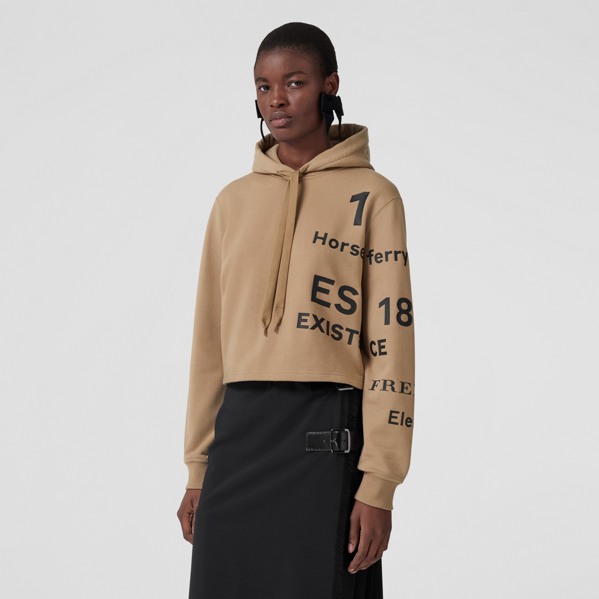 Horseferry Print Cotton Cropped Hoodie in Camel - Women | Burberry® Official - 1