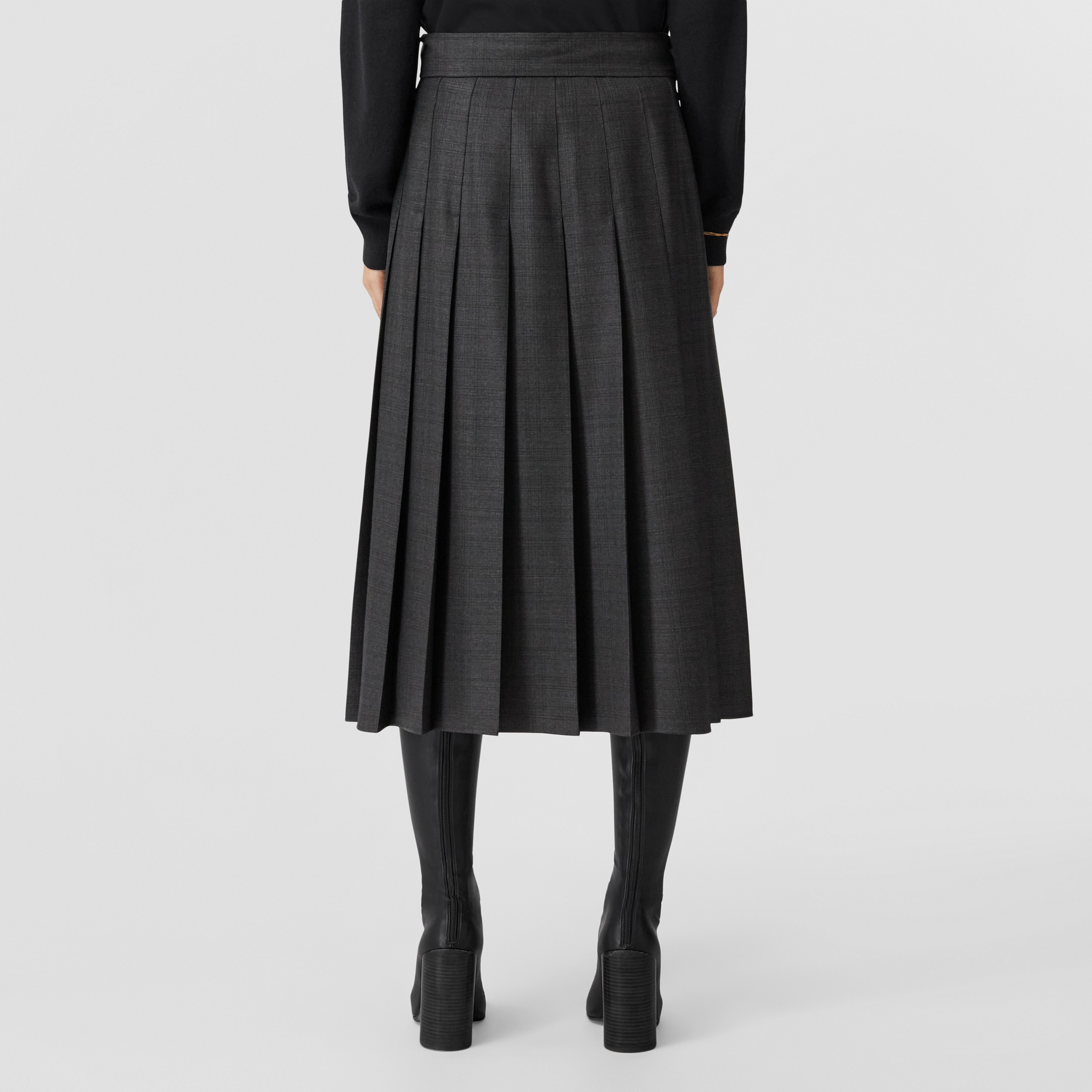 Prince of Wales Check Pleated Wool Skirt in Dark Grey Melange - Women | Burberry® Official - 3