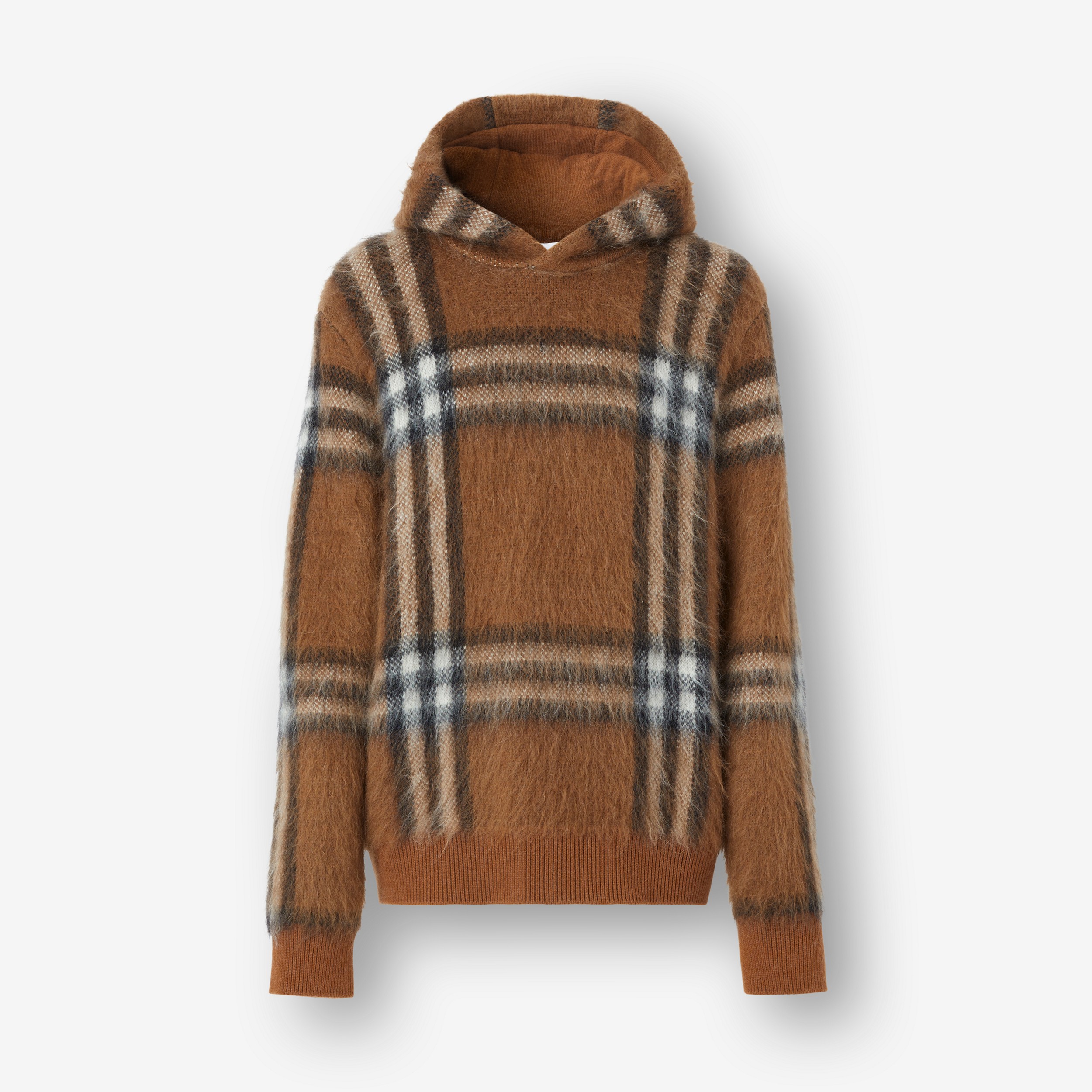 Exaggerated Check Wool Mohair Blend Hoodie in Dark Birch Brown - Men | Burberry® Official - 1