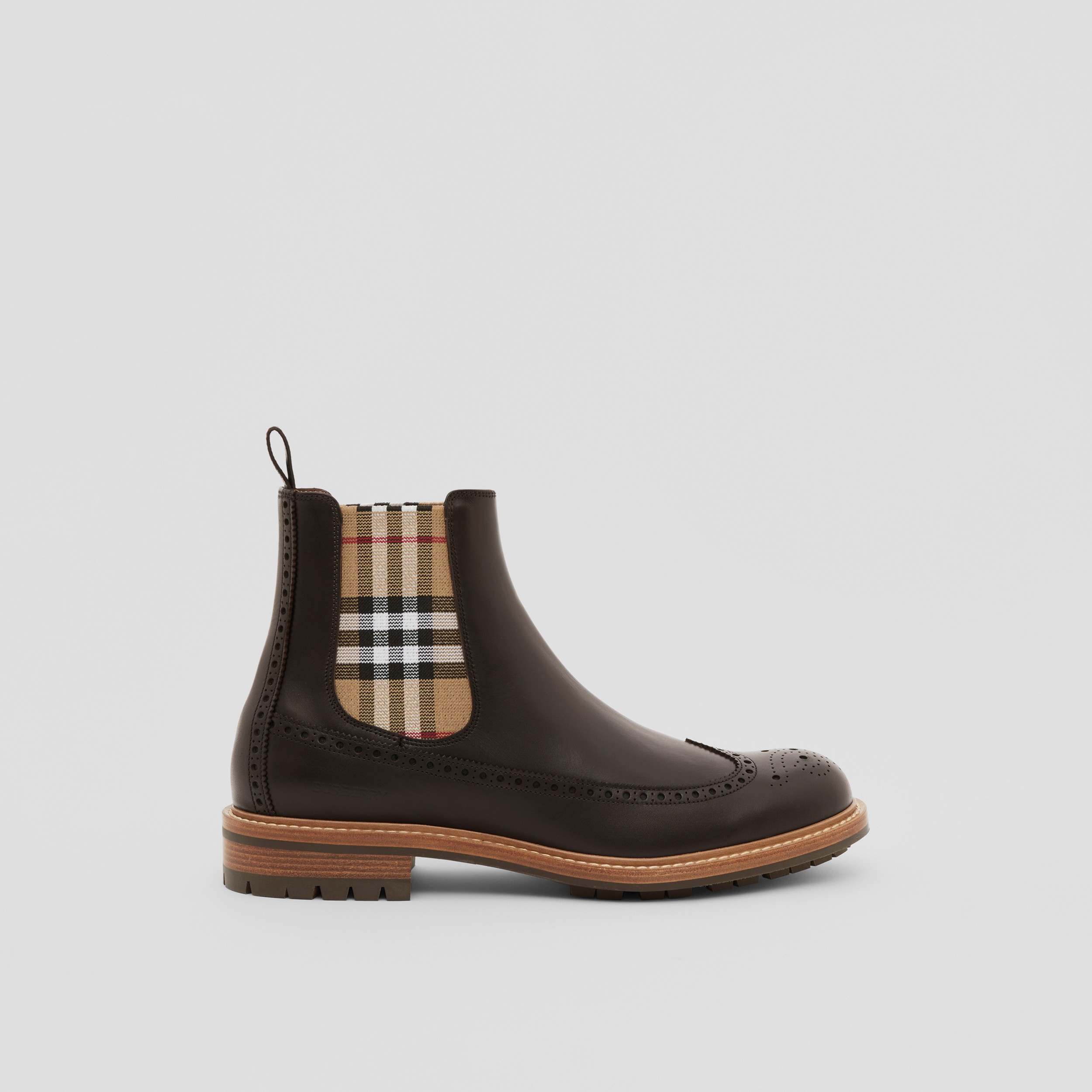 Vintage Check Panel Leather Chelsea Boots in Dark Charcoal Brown - Men | Burberry® Official - 1