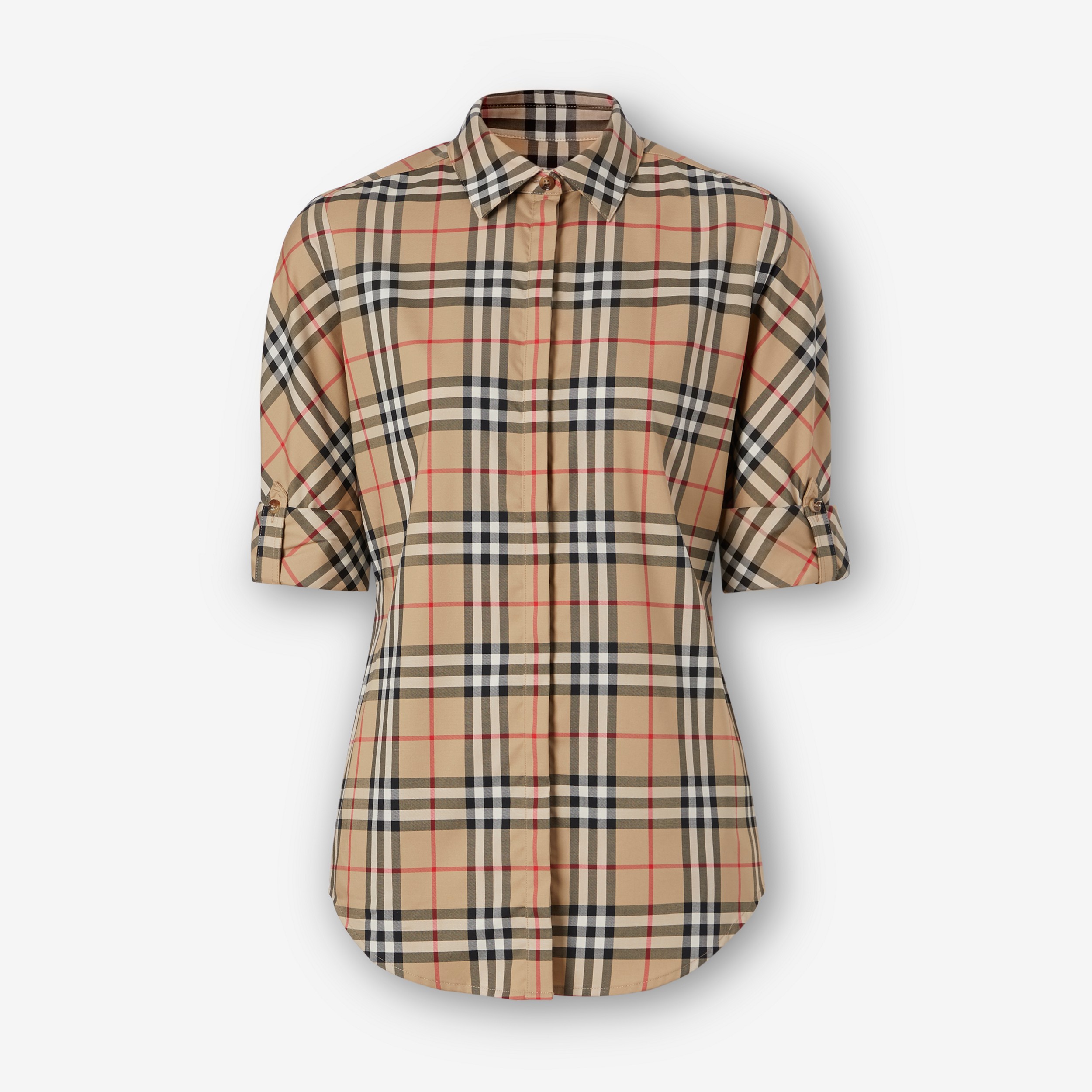 Camisa en sarga de algodón elástico a cuadros Vintage Checks (Beige) - Mujer | Burberry® oficial - 1