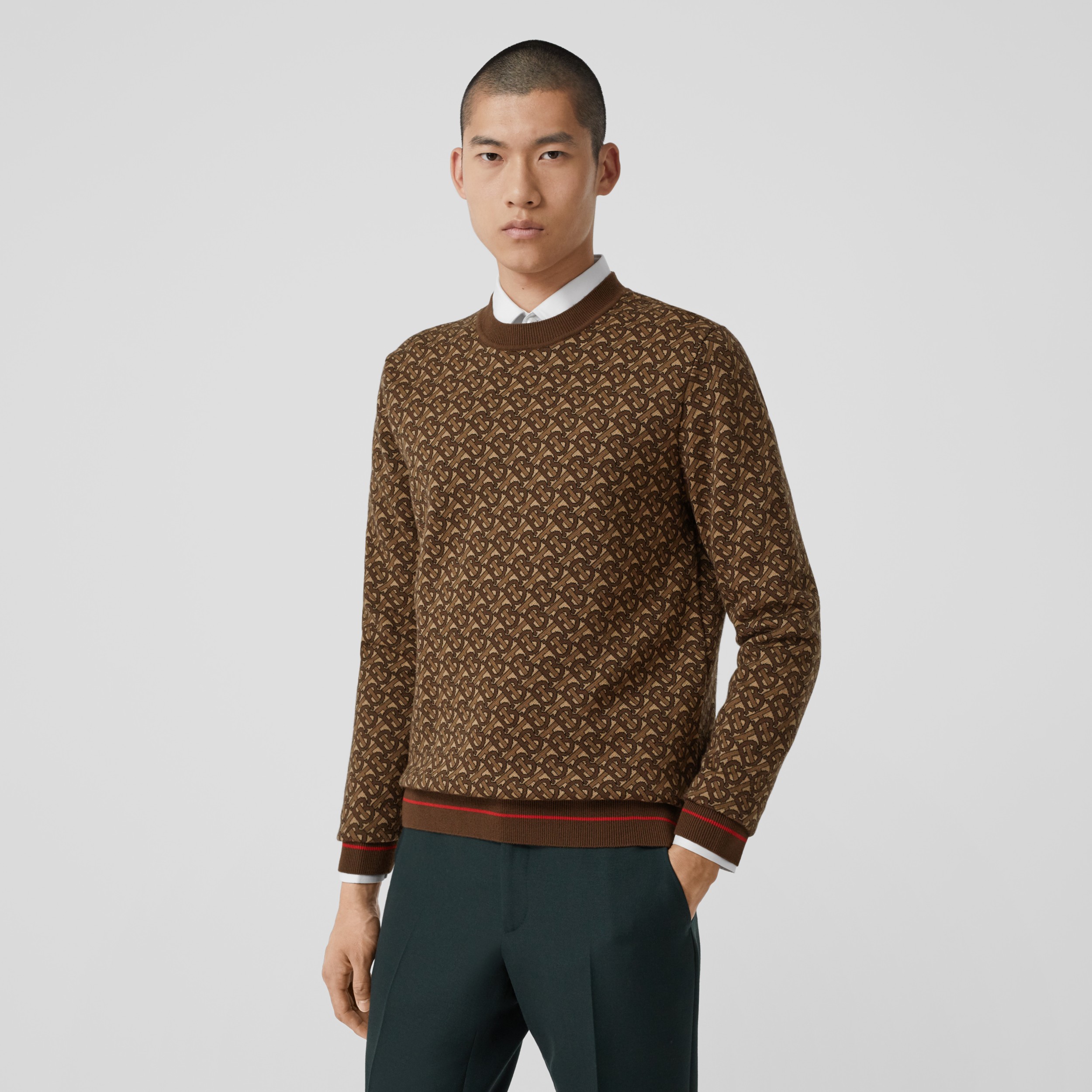 Monogram Merino Wool Jacquard Sweater in Bridle Brown - Men | Burberry ...
