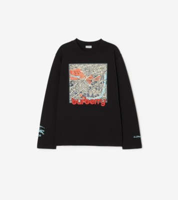 ロングスリーブ ロンドンマップ コットンTシャツ (ブラック) - メンズ