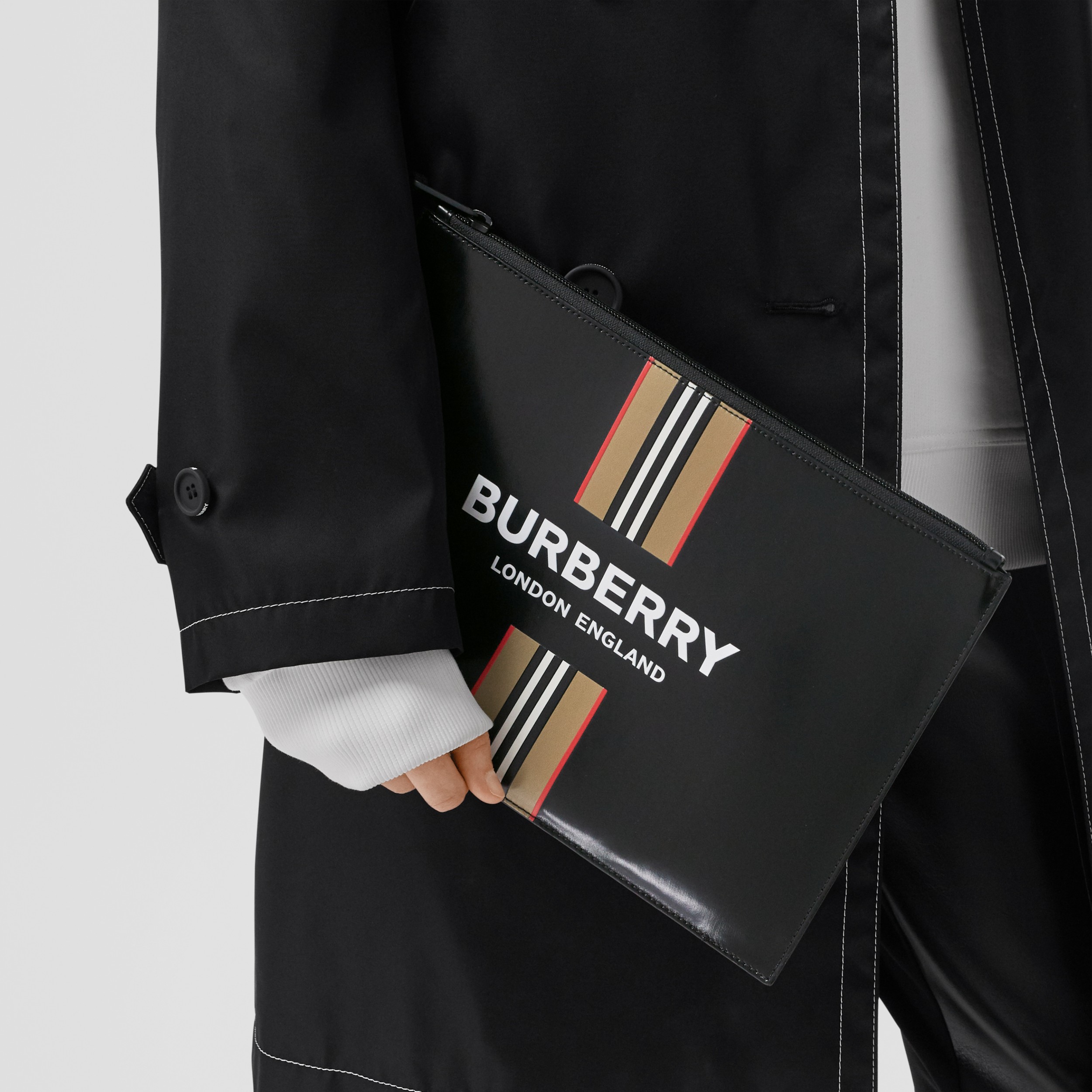 Logo and Icon Stripe Print Coated Canvas Zip Pouch in Black | Burberry ...