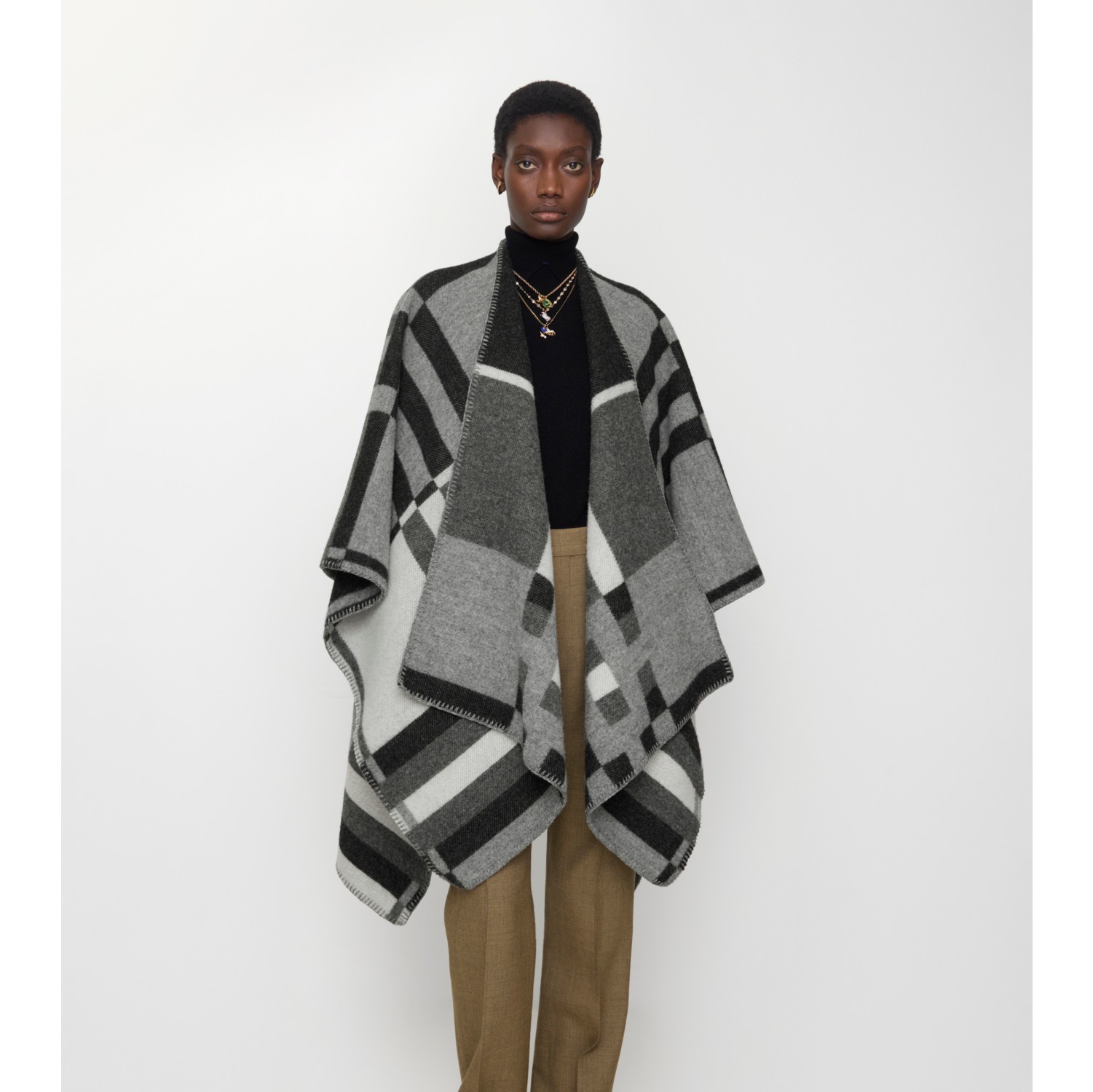 Colour Block Check​ Wool Cape