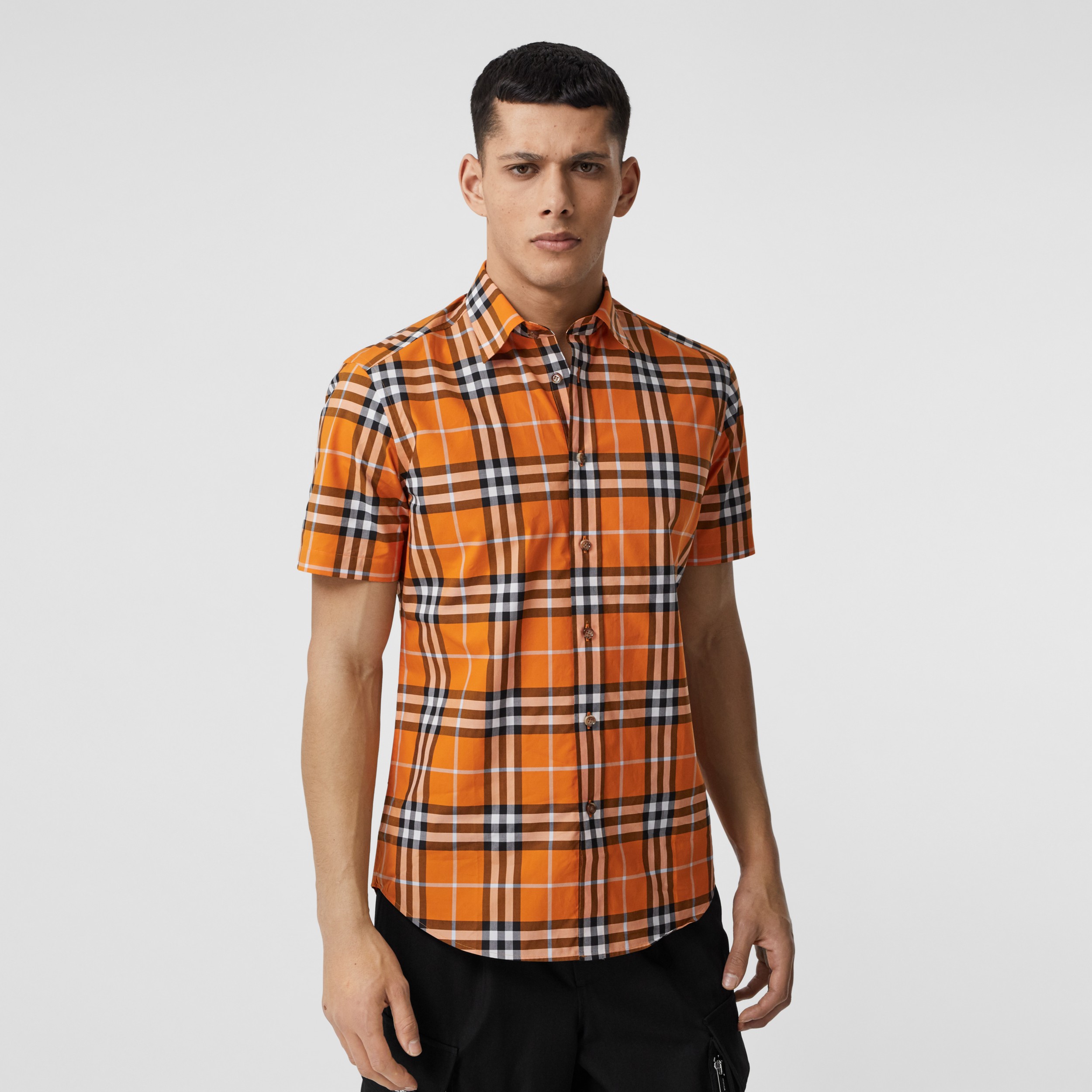 Short-sleeve Check Cotton Poplin Shirt in Deep Orange - Men | Burberry ...