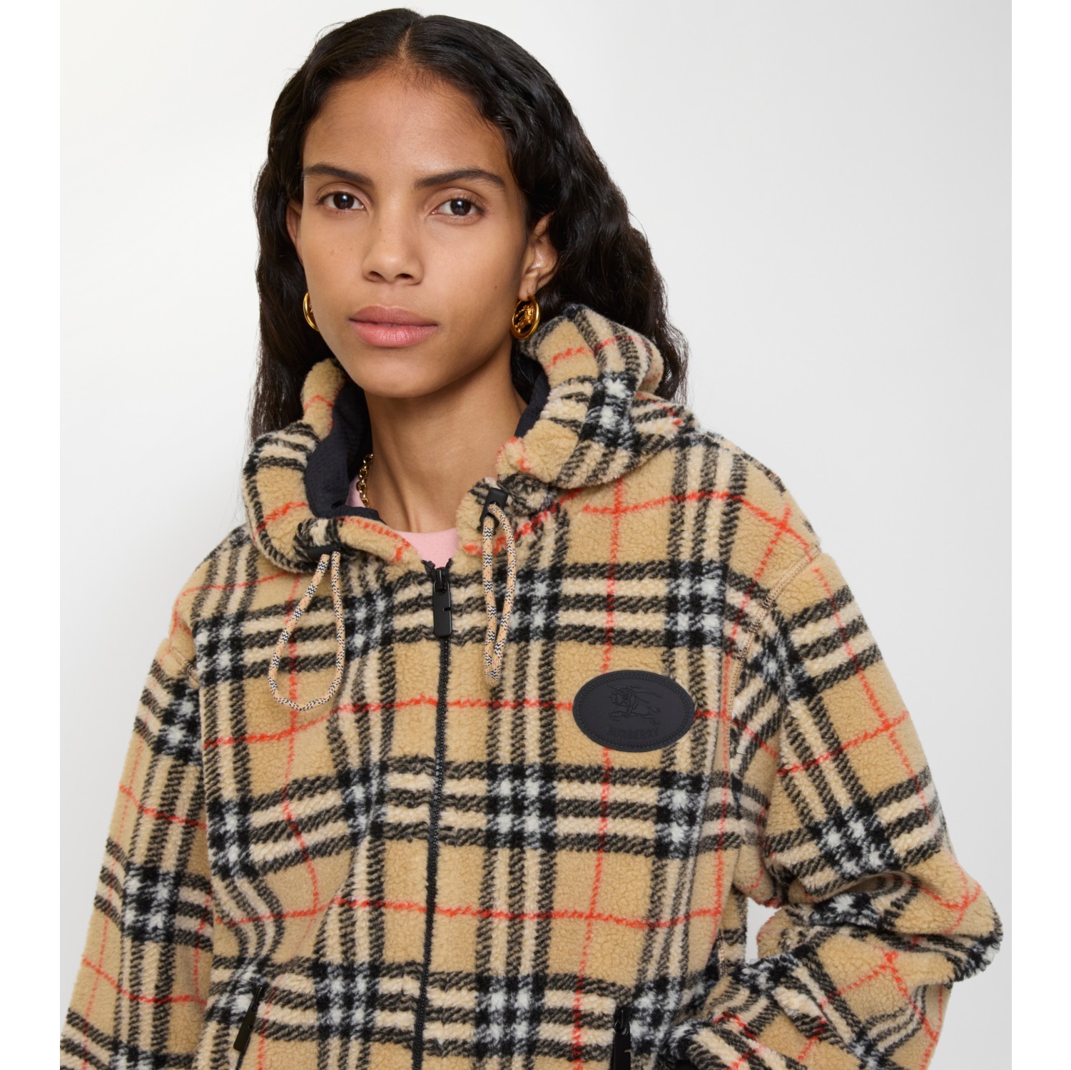 Cropped Check Fleece Hooded Jacket in Sand beige - Women | Burberry® Official